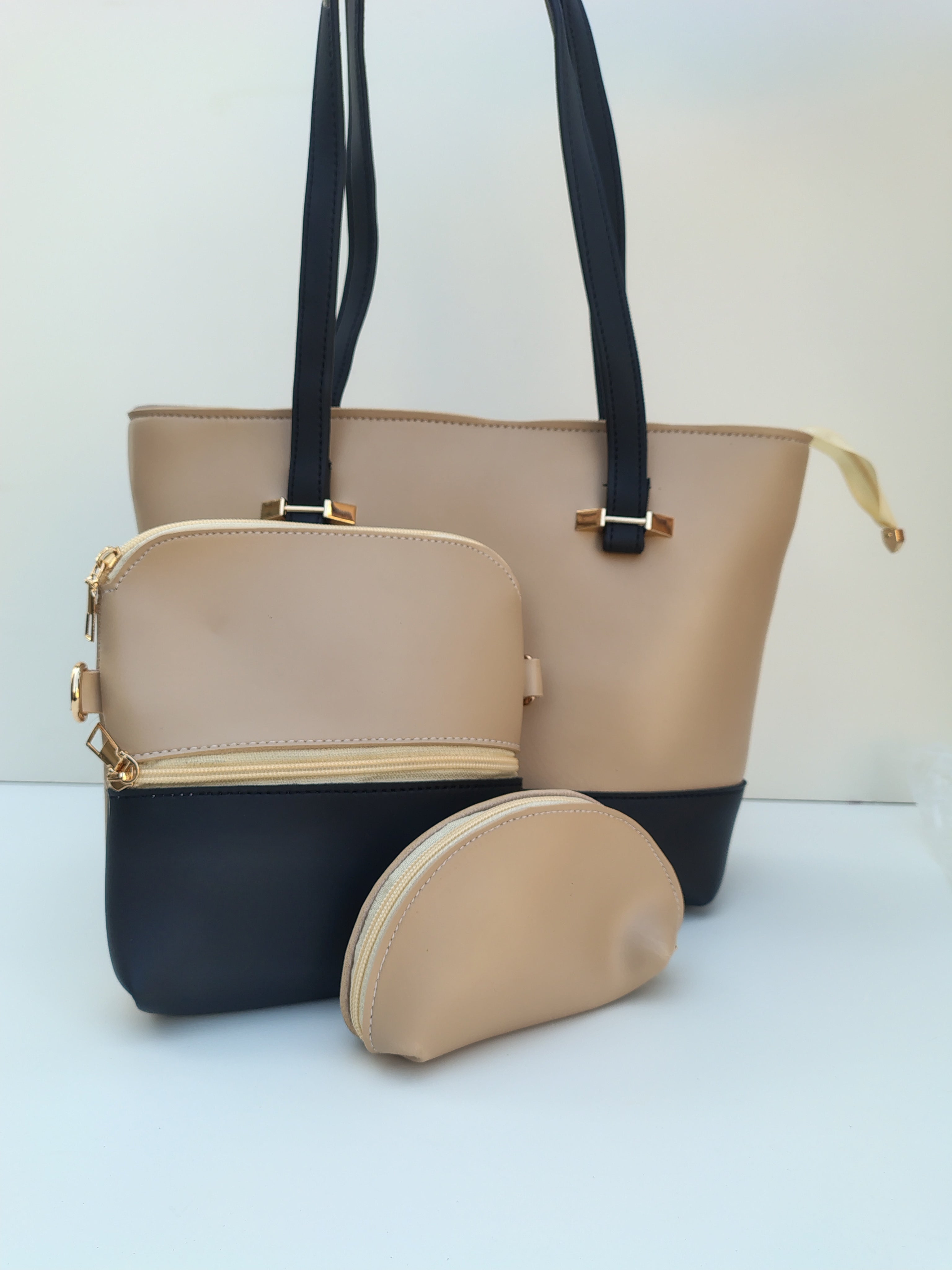 Hellebury 3-in-1 Dual-Tone Tote Bag Set – Black & Beige Premium Handbag Collection