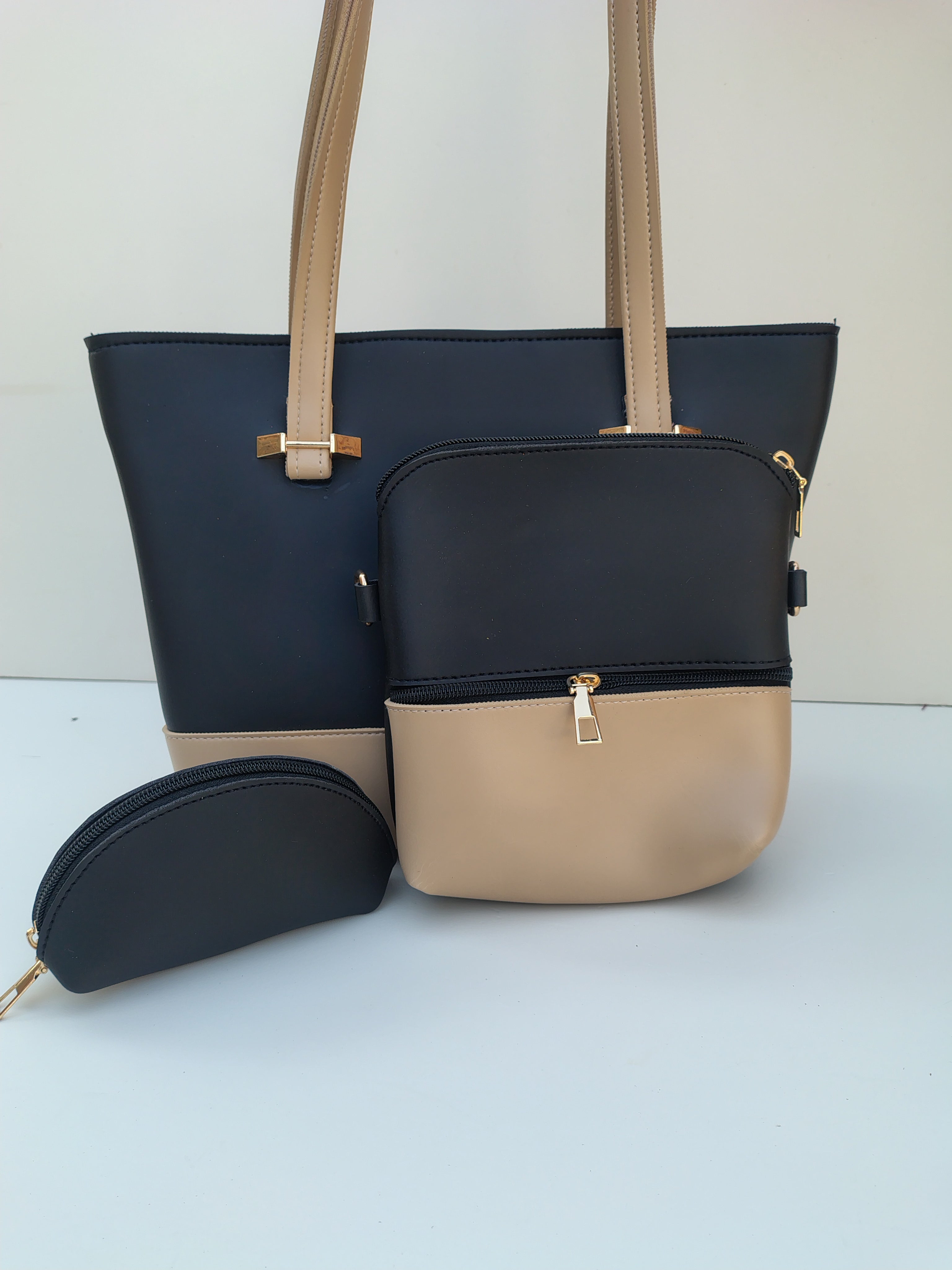 Hellebury 3-in-1 Dual-Tone Tote Bag Set – Black & Beige Premium Handbag Collection