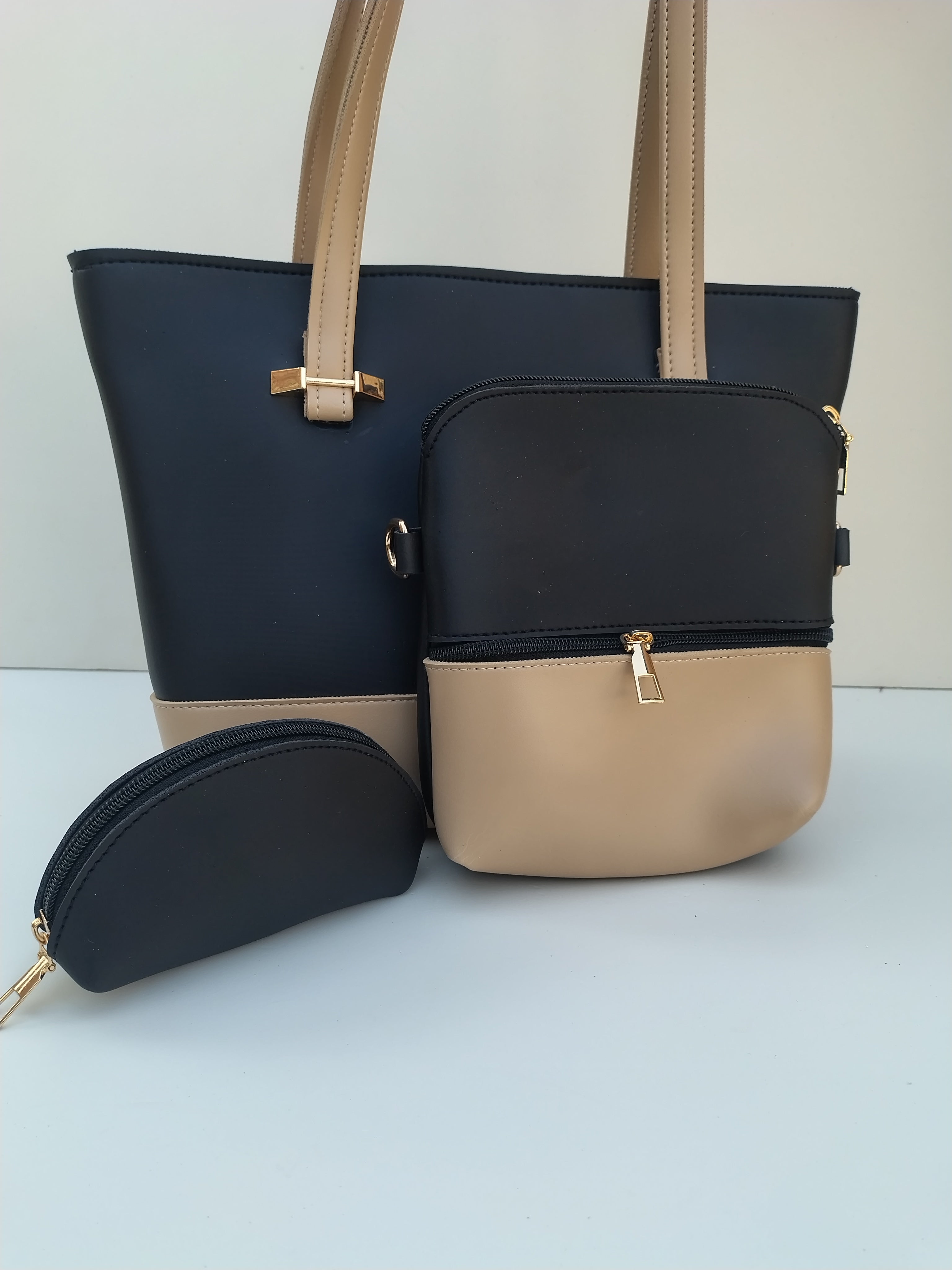 Hellebury 3-in-1 Dual-Tone Tote Bag Set – Black & Beige Premium Handbag Collection