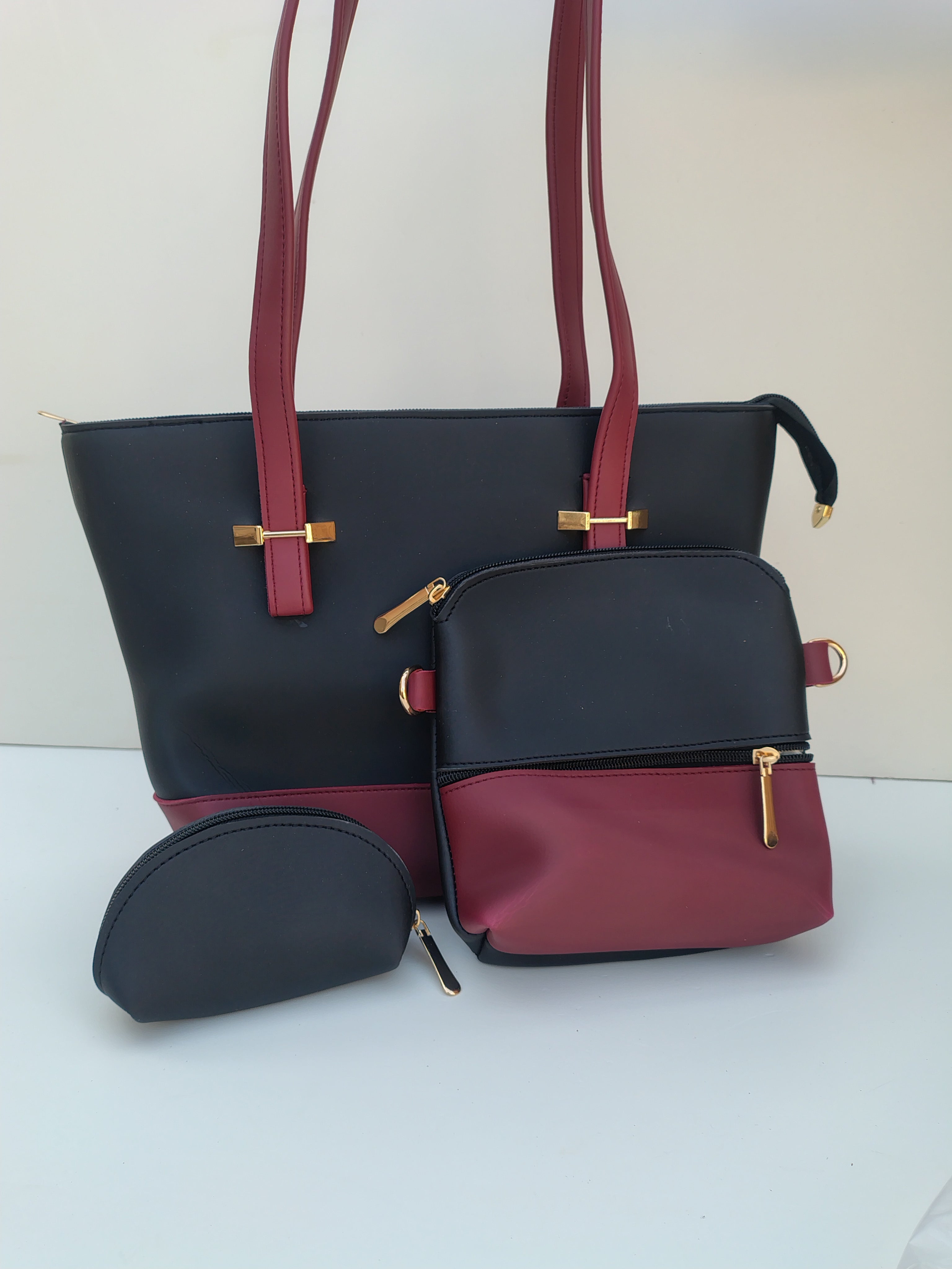 Hellebury 3-in-1 Premium Tote Bag Set – Black & Wine-Red Luxury Handbag Collection