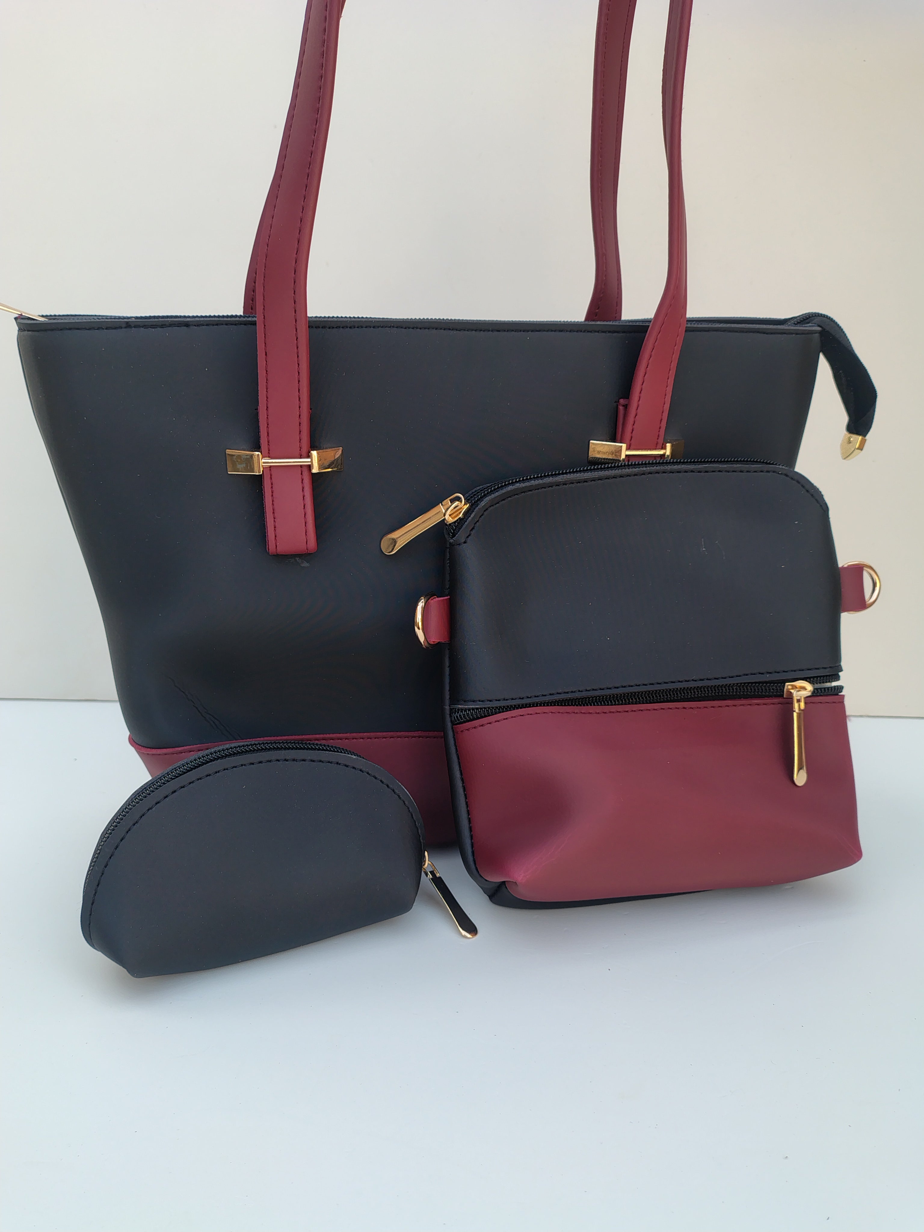 Hellebury 3-in-1 Premium Tote Bag Set – Black & Wine-Red Luxury Handbag Collection