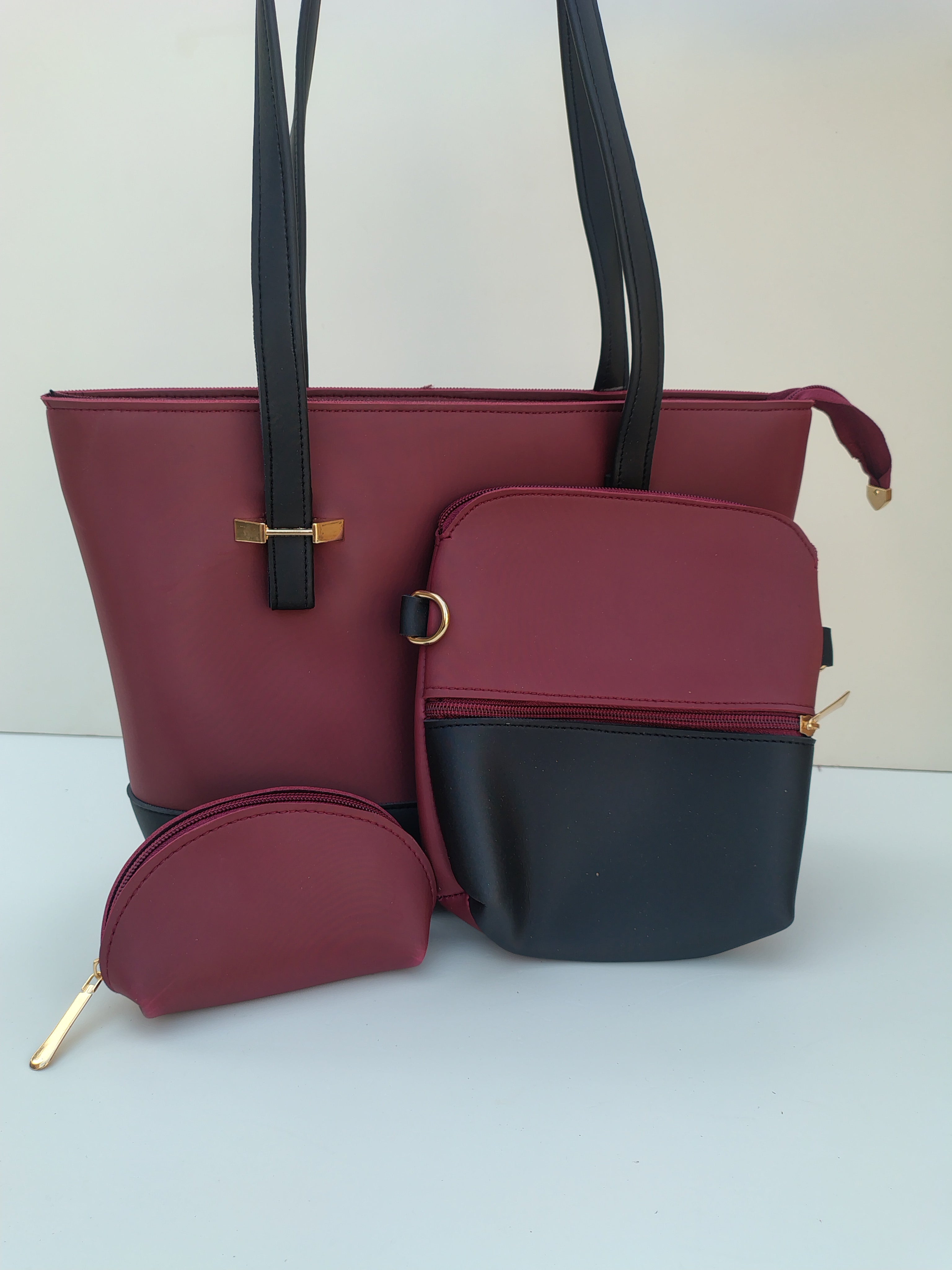 Hellebury 3-in-1 Premium Tote Bag Set – Black & Wine-Red Luxury Handbag Collection