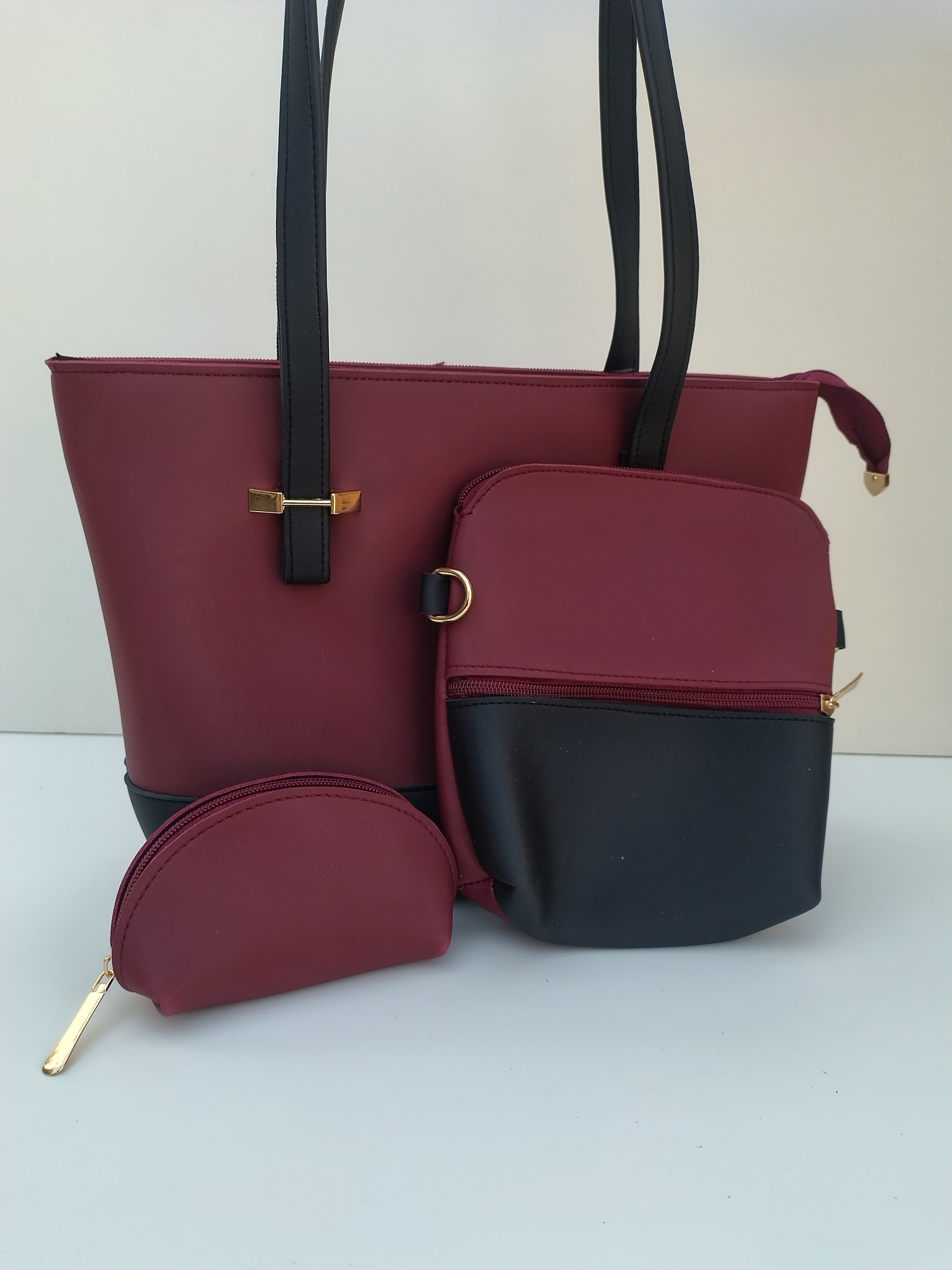 Hellebury 3-in-1 Premium Tote Bag Set – Black & Wine-Red Luxury Handbag Collection