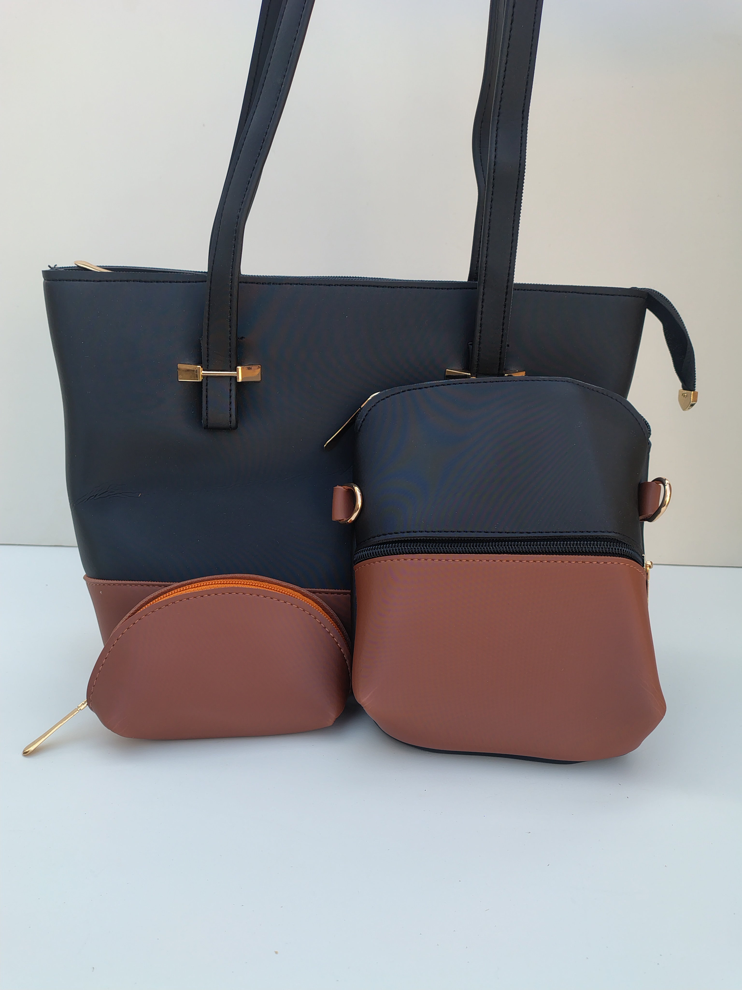 Hellebury 3-in-1 Tote Bag Set – Navy Blue & Tan Brown Elegant Handbag Collection