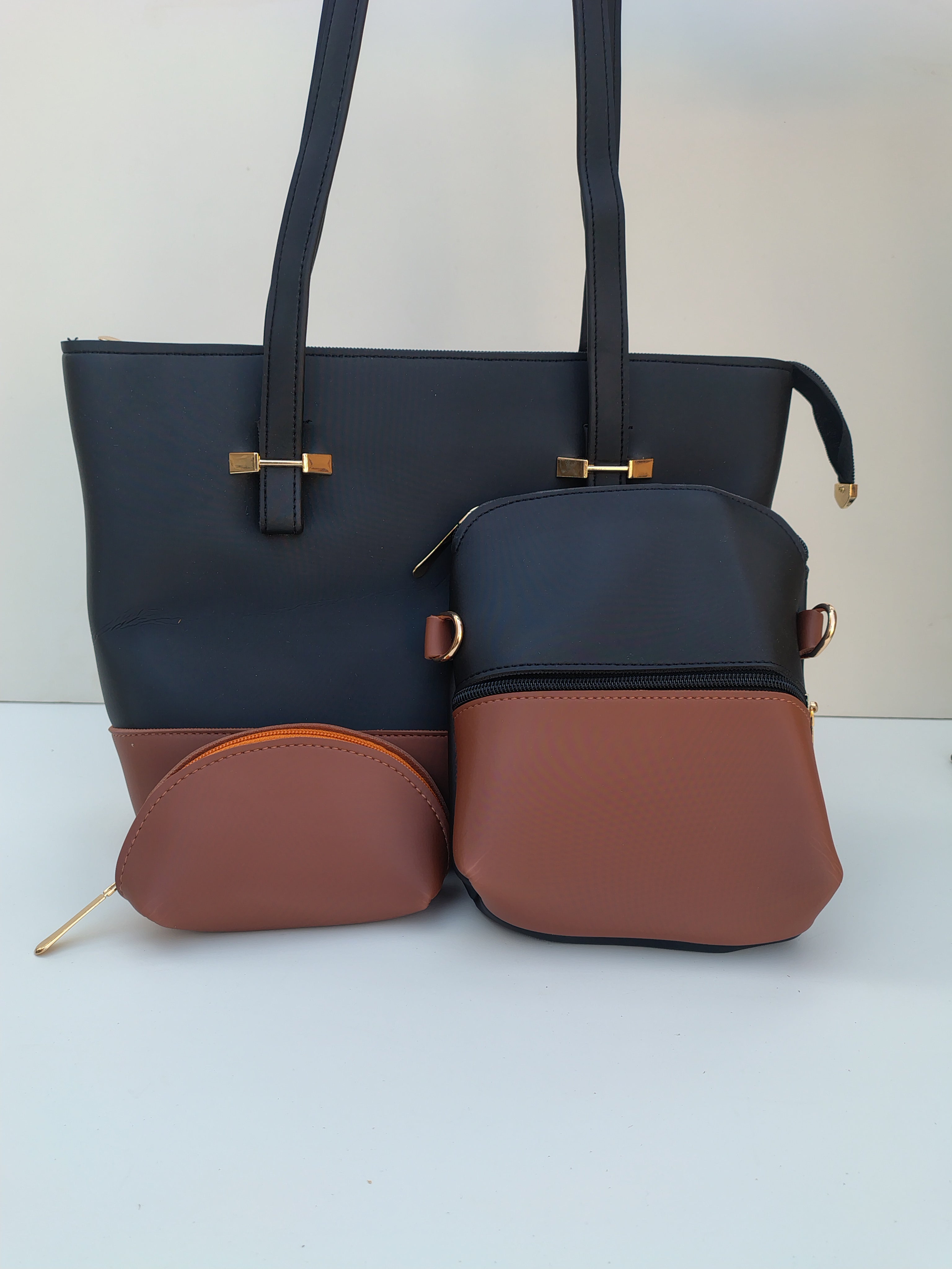 Hellebury 3-in-1 Tote Bag Set – Navy Blue & Tan Brown Elegant Handbag Collection