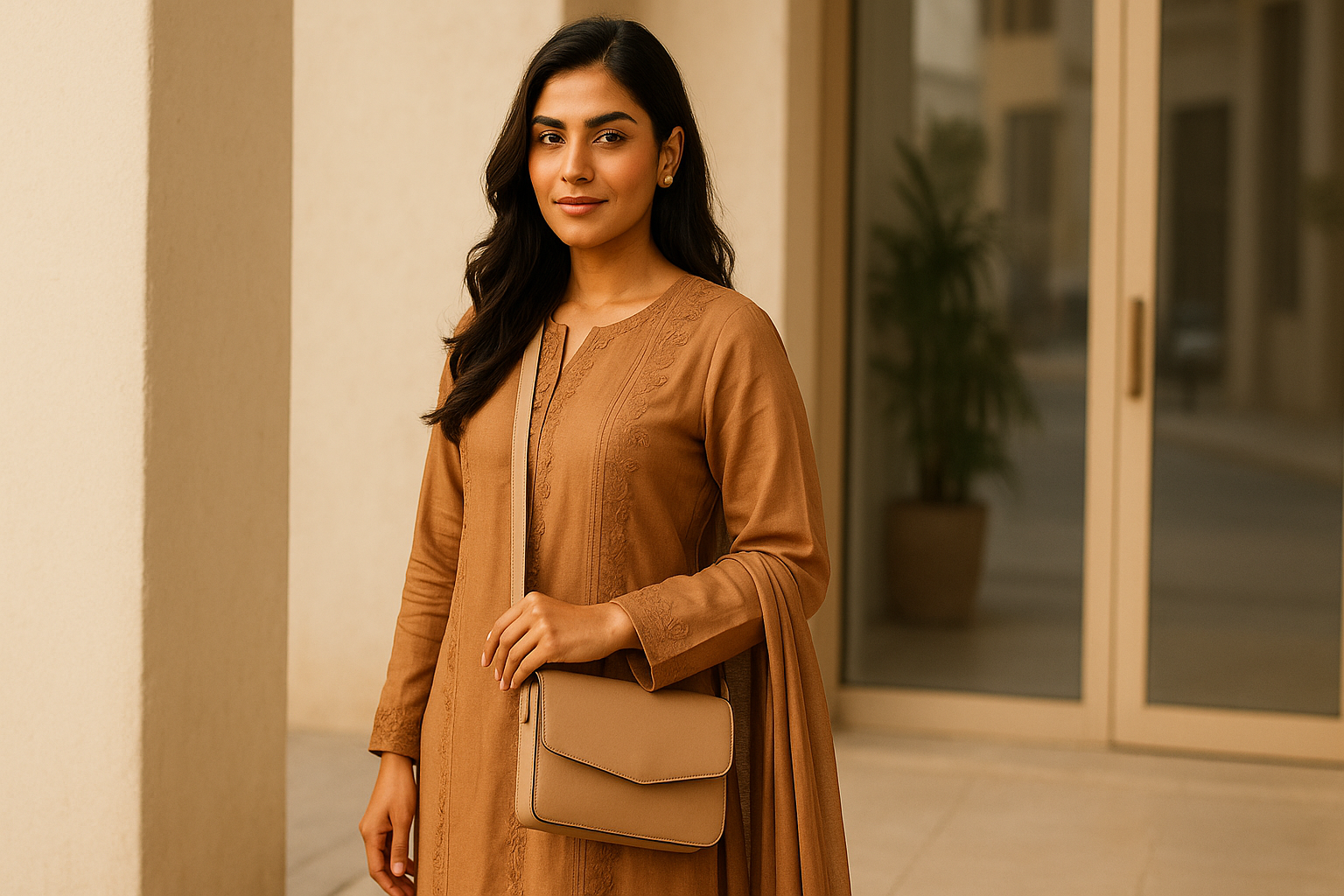 A confident Pakistani woman wearing elegant traditional attire (shalwar kameez or long dress with dupatta), posing gracefully with a modern crossbody bag. The setting is bright and stylish — could be an urban street, boutique front, or minimalist studio with soft natural lighting. The bag should be clearly visible, modern, and chic, matching her outfit. Use warm tones, clean composition, and fashion photography style. High-resolution, 16:9 aspect ratio banner image for an online store