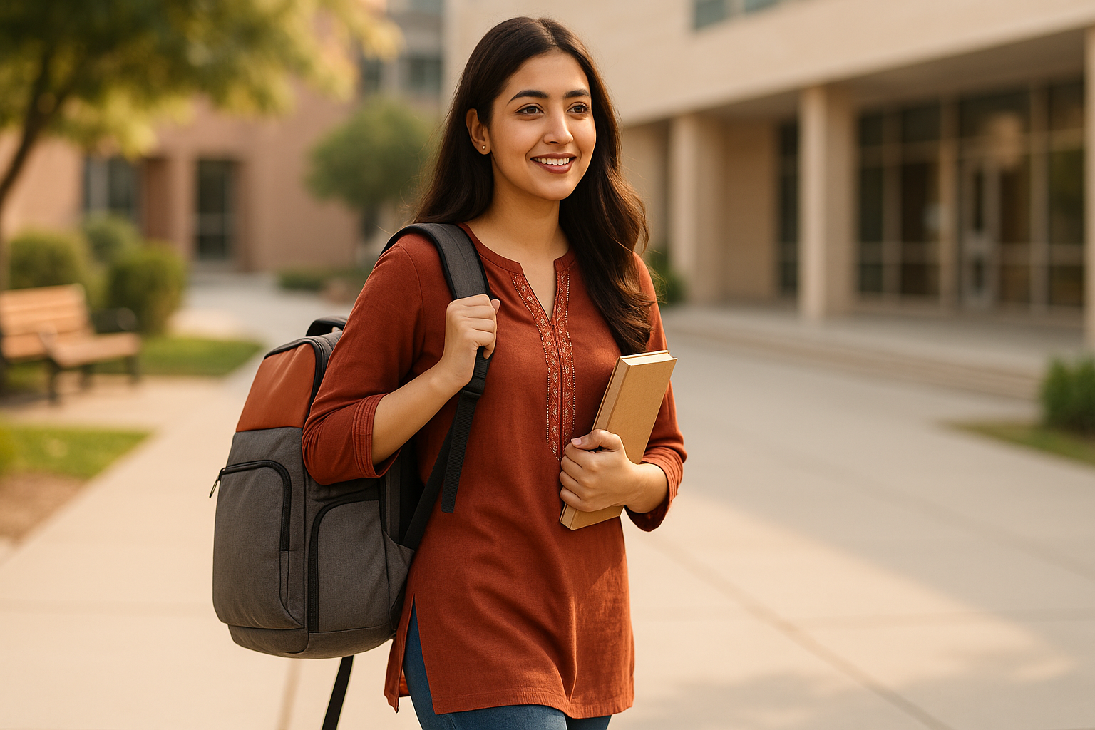 A young Pakistani college girl confidently walking on a modern university campus, wearing casual and trendy attire (jeans, kurta, or long shirt) with a stylish and unique college backpack on her shoulder. The bag should look modern, spacious, and durable — designed for students. Natural lighting, warm and cheerful mood, clean background with subtle campus elements like benches, trees, or books in hand. High-resolution fashion-lifestyle photography, 16:9 aspect ratio, realistic and vibrant colors.