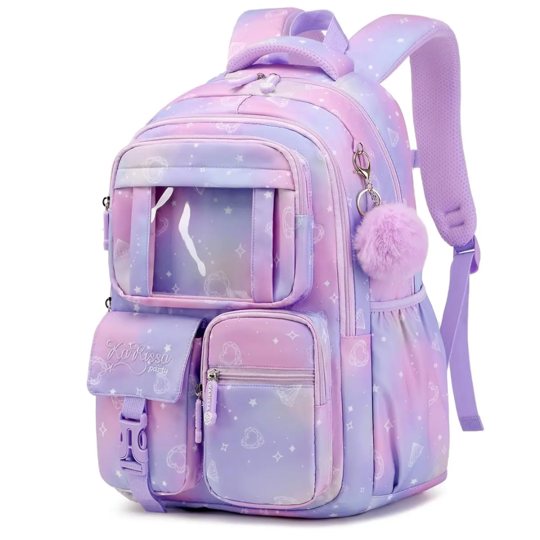 Trendy Gradient School Backpack for Girls | Cute Unicorn Style Bag with Pom Pom Keychain