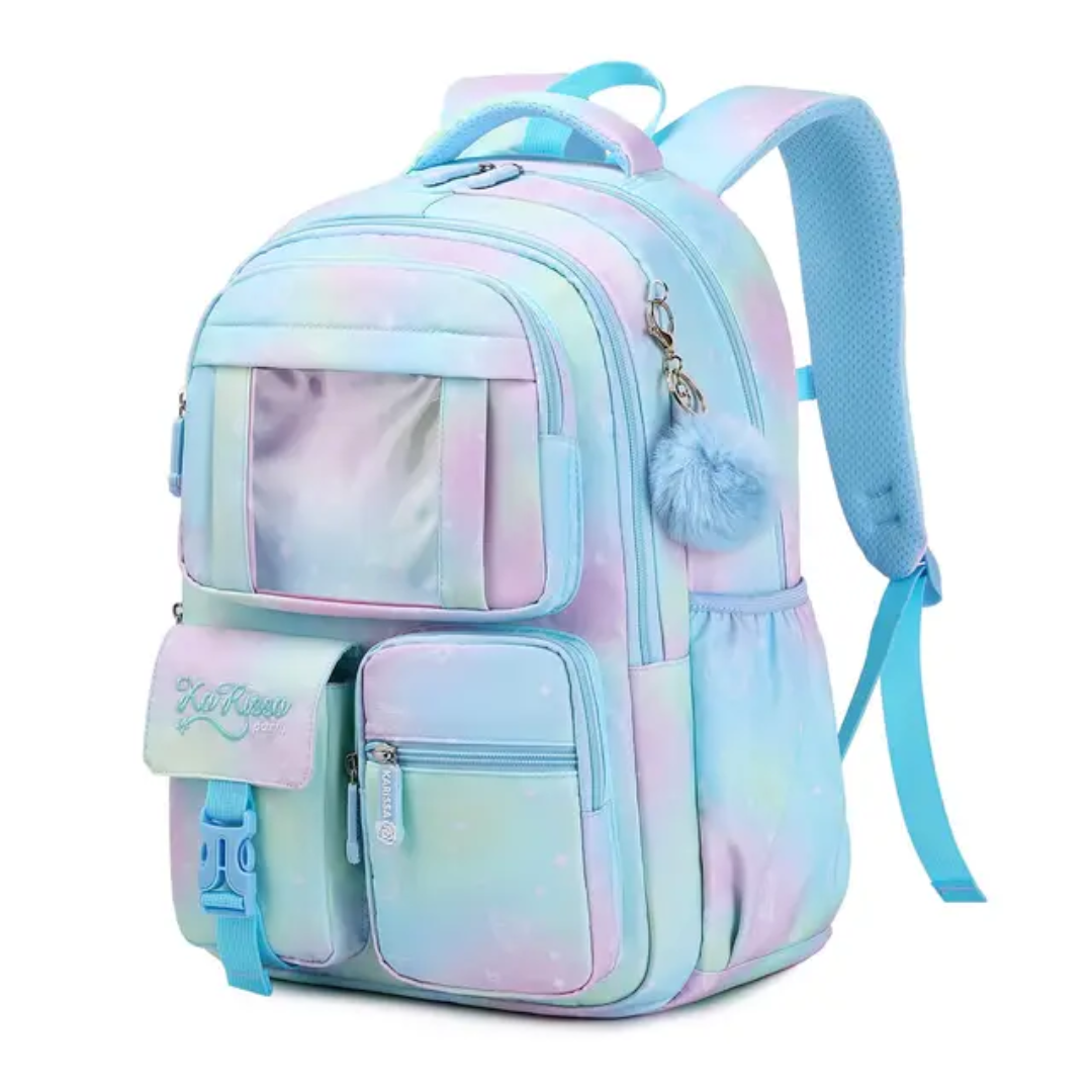 Trendy Gradient School Backpack for Girls | Cute Unicorn Style Bag with Pom Pom Keychain