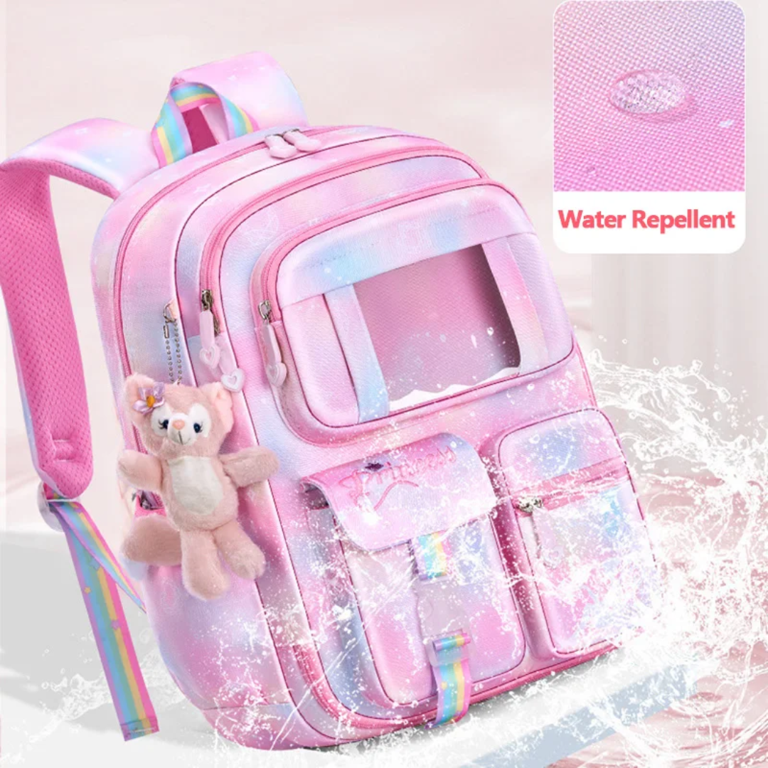 Trendy Gradient School Backpack for Girls | Cute Unicorn Style Bag with Pom Pom Keychain