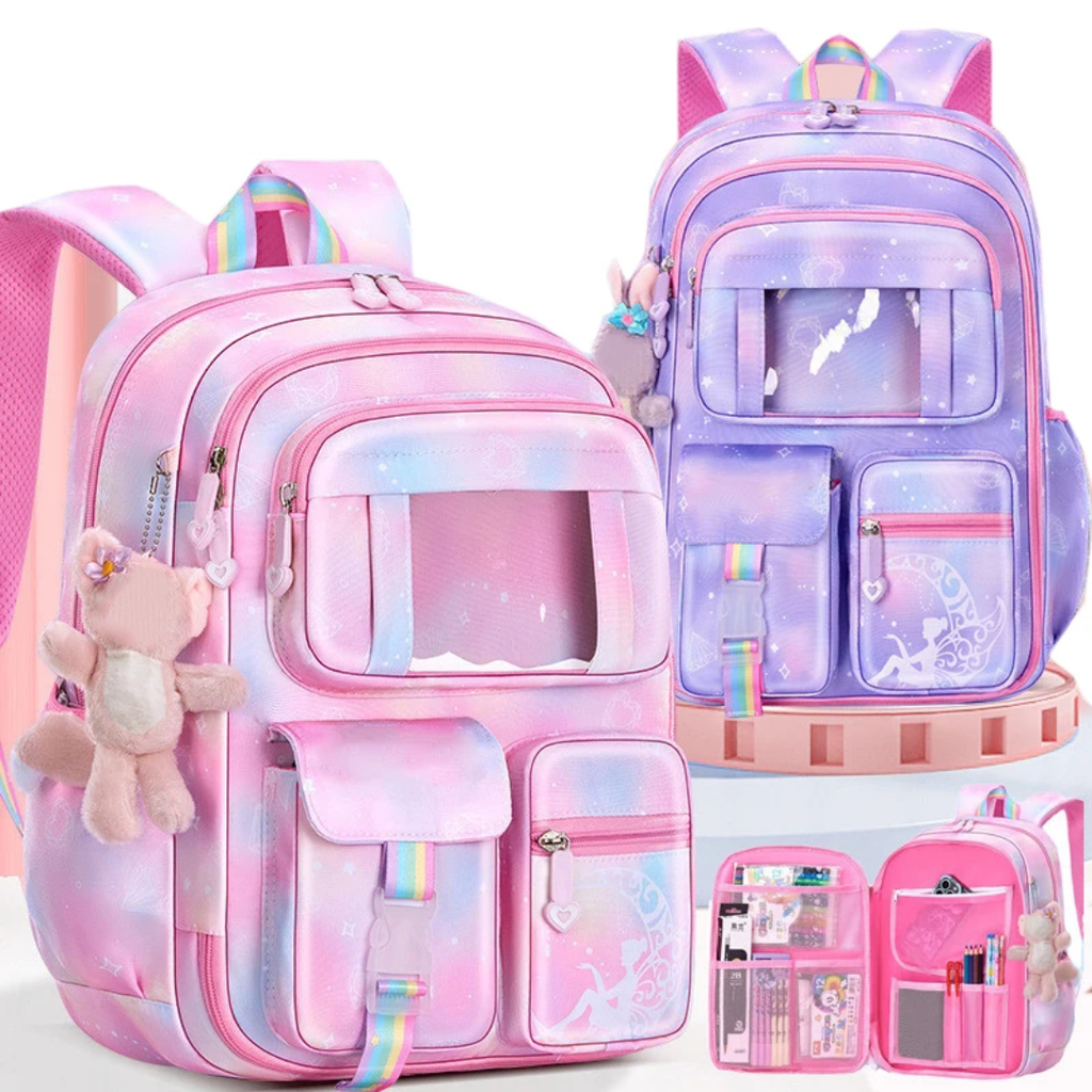 Trendy Gradient School Backpack for Girls | Cute Unicorn Style Bag with Pom Pom Keychain
