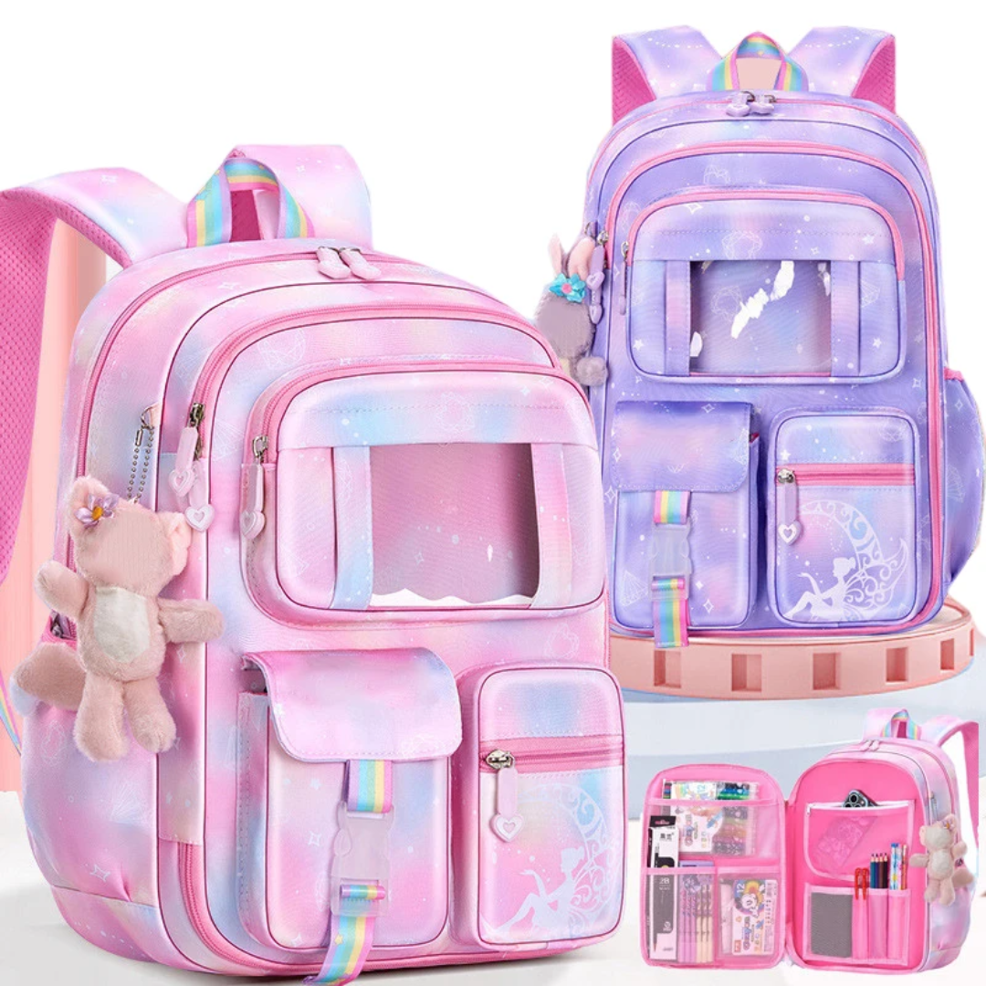 Trendy Gradient School Backpack for Girls | Cute Unicorn Style Bag with Pom Pom Keychain