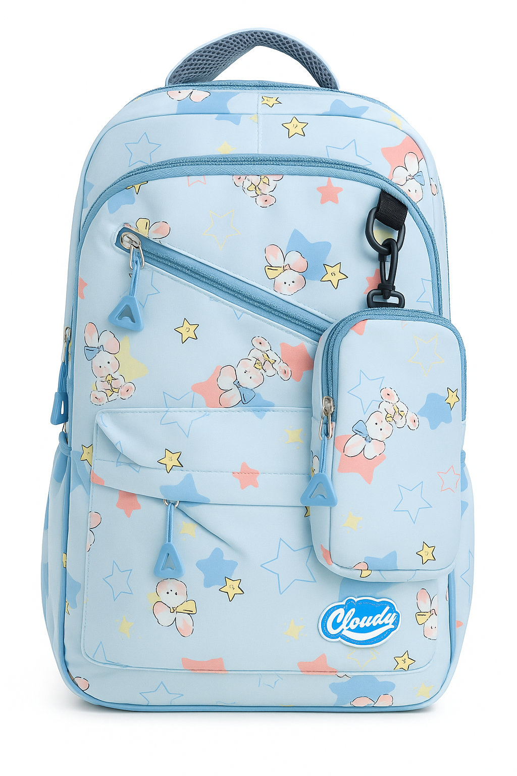 Cloudy Cartoon Print Backpack with Mini Pouch – Large Capacity School & Travel Bag for Kids and Teens