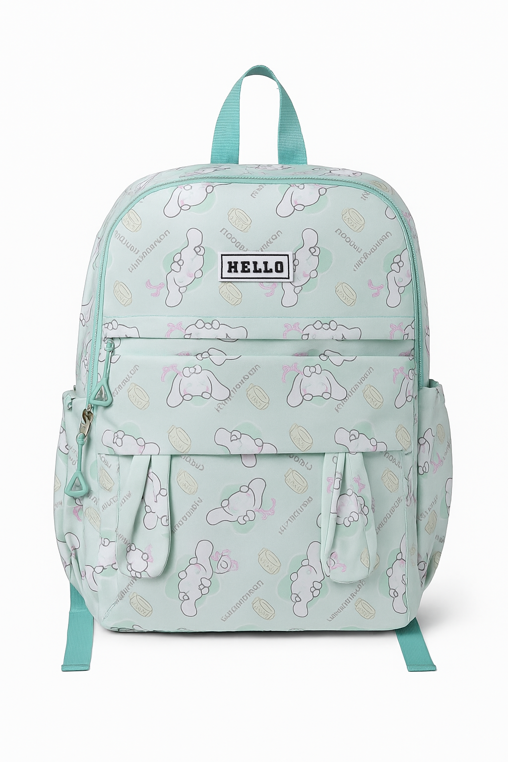 Mint Green Cartoon Print Backpack – Cute Multi-Pocket School & Casual Travel Bag