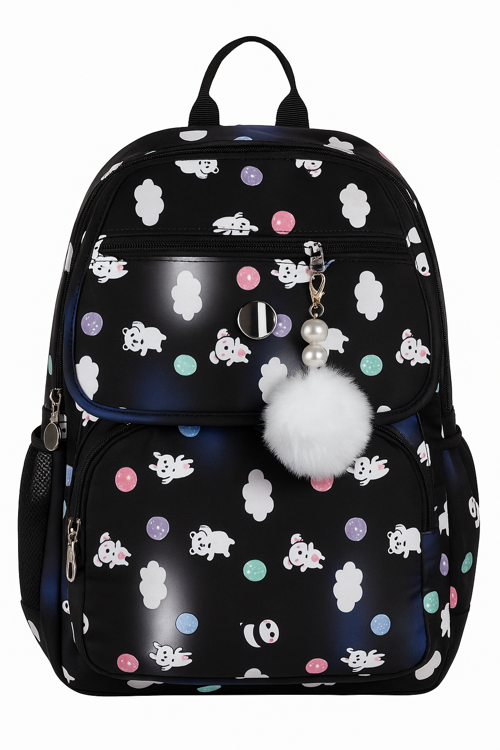 Cute Cartoon Print Black Backpack with Pom-Pom Keychain – Multi-Pocket School & Travel Bag for Kids and Teens