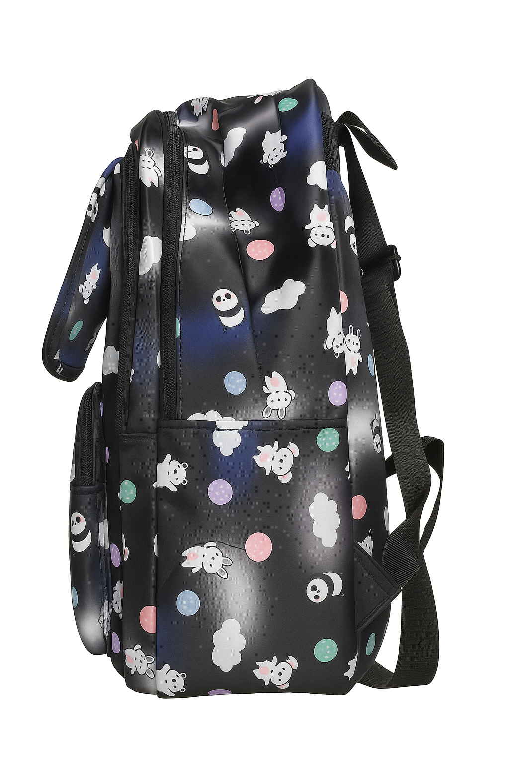 Cute Cartoon Print Black Backpack with Pom-Pom Keychain – Multi-Pocket School & Travel Bag for Kids and Teens