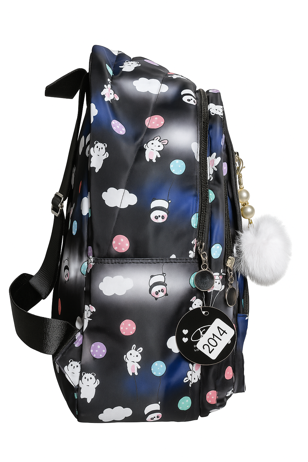 Cute Cartoon Print Black Backpack with Pom-Pom Keychain – Multi-Pocket School & Travel Bag for Kids and Teens