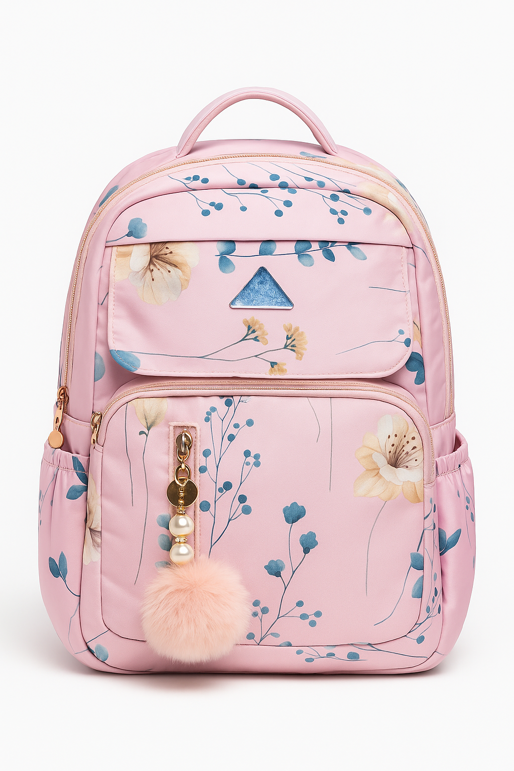 Cute Cartoon & Floral Print Backpack with Pom-Pom Charm – Multi-Compartment School & Travel Bag