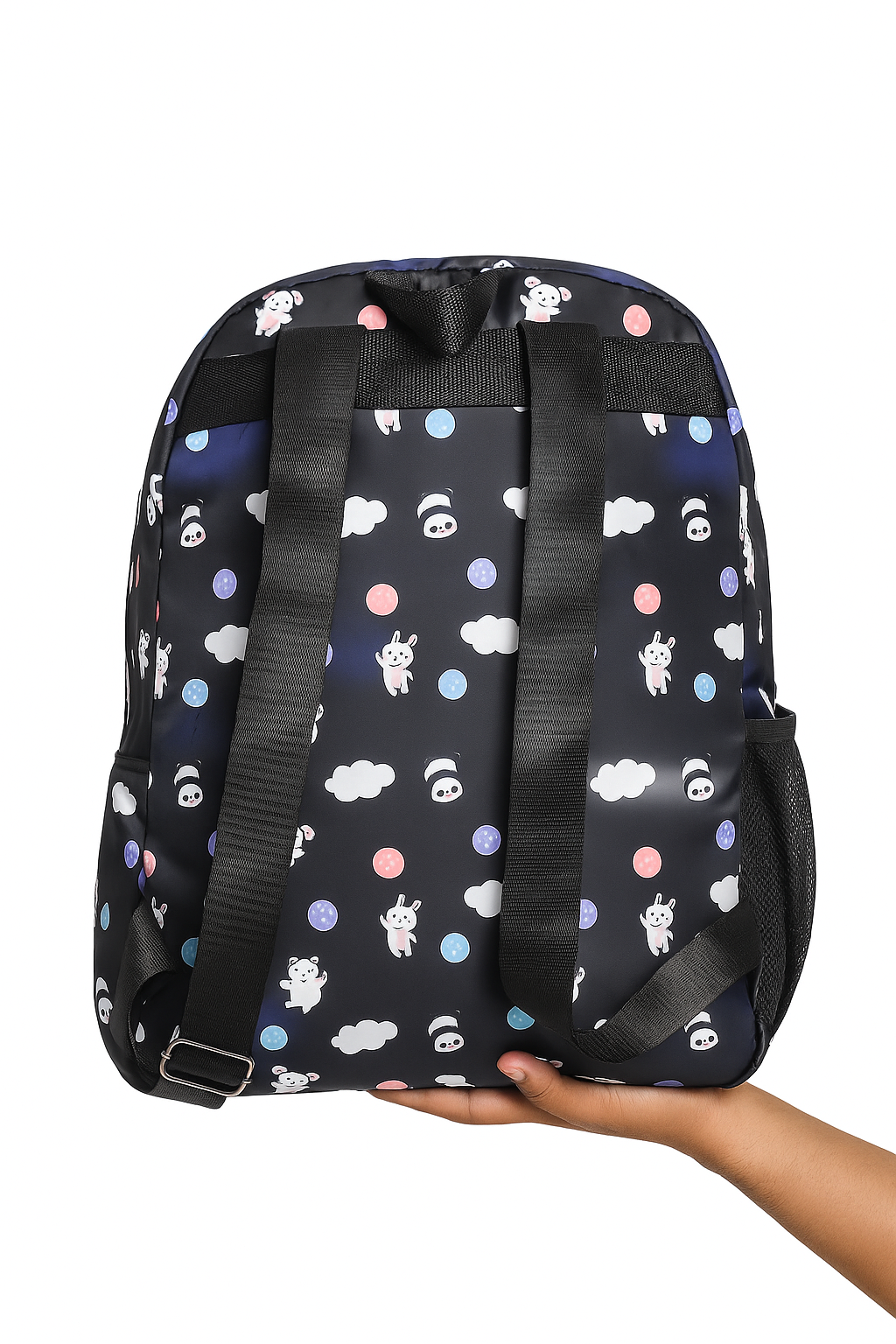 Cute Cartoon Print Black Backpack with Pom-Pom Keychain – Multi-Pocket School & Travel Bag for Kids and Teens