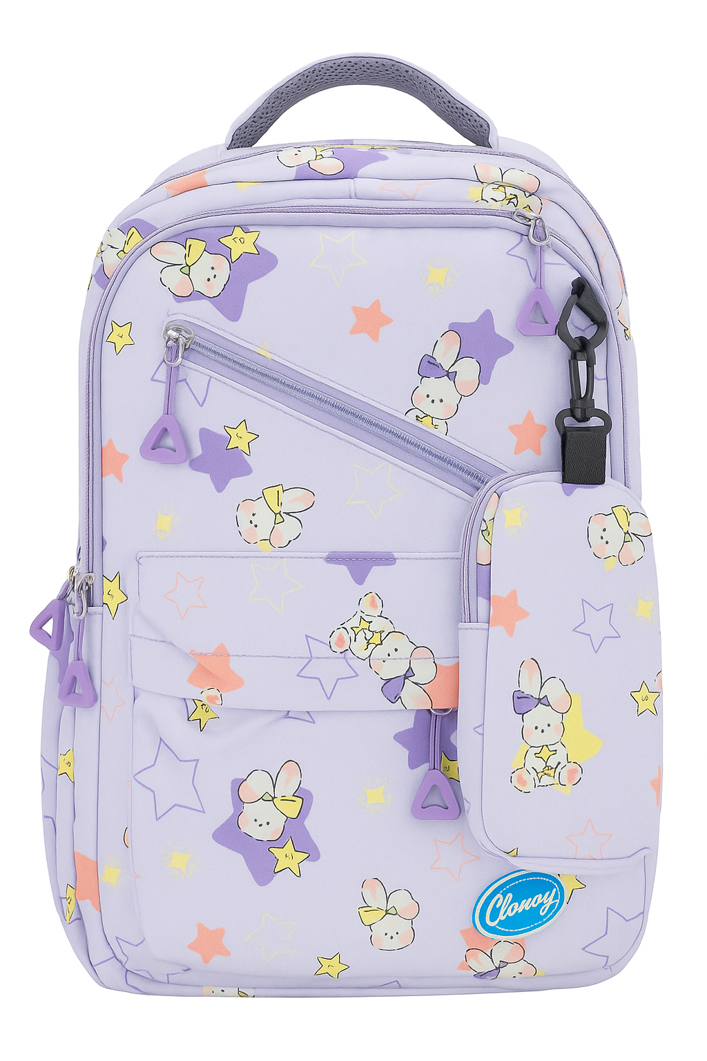 Clovy Purple Cartoon Print Backpack with Mini Pouch – Large Capacity School & Travel Bag for Kids and Teens