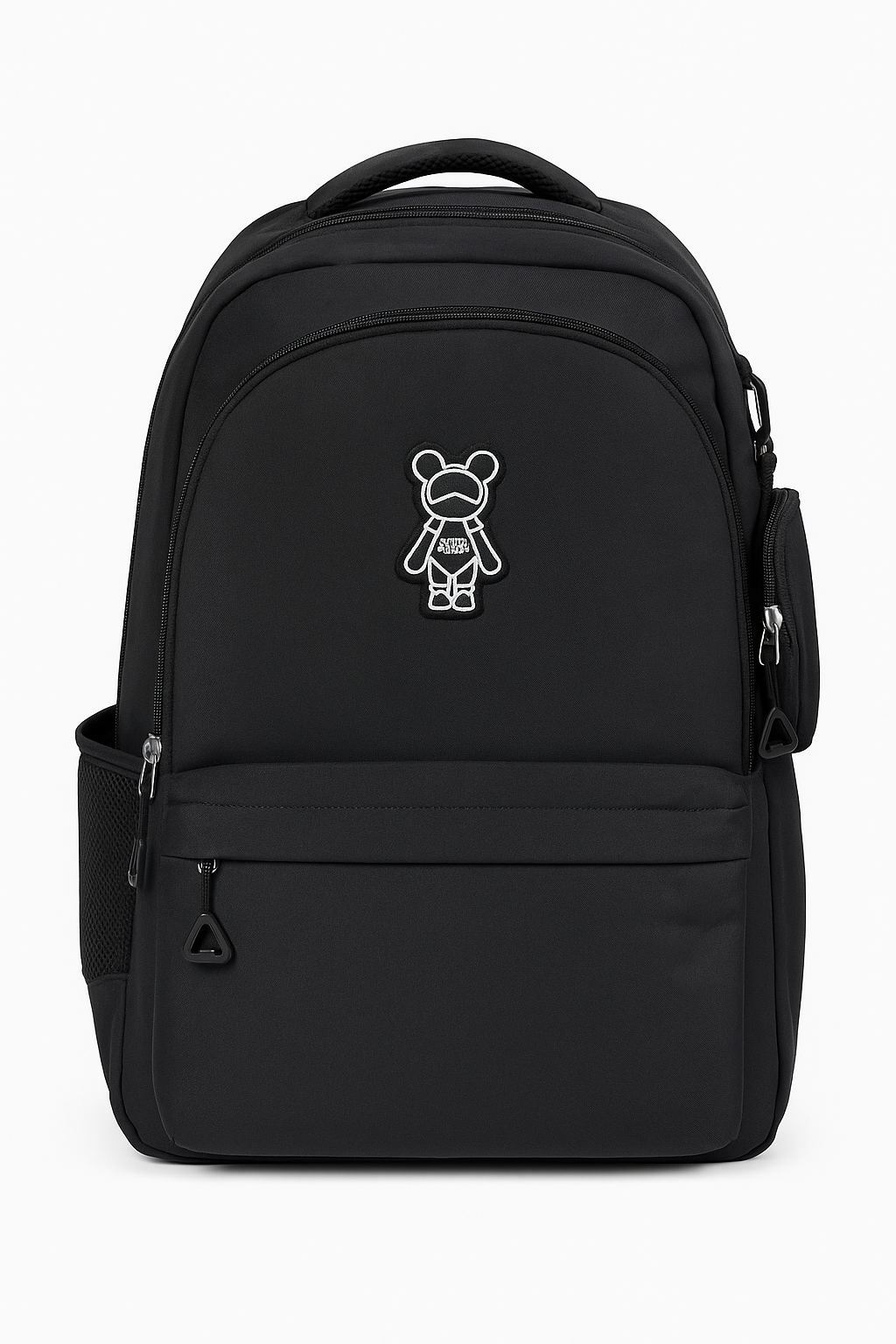 Black Bear Patch Backpack with Detachable Mini Pouch – Stylish Multi-Compartment School & Travel Bag