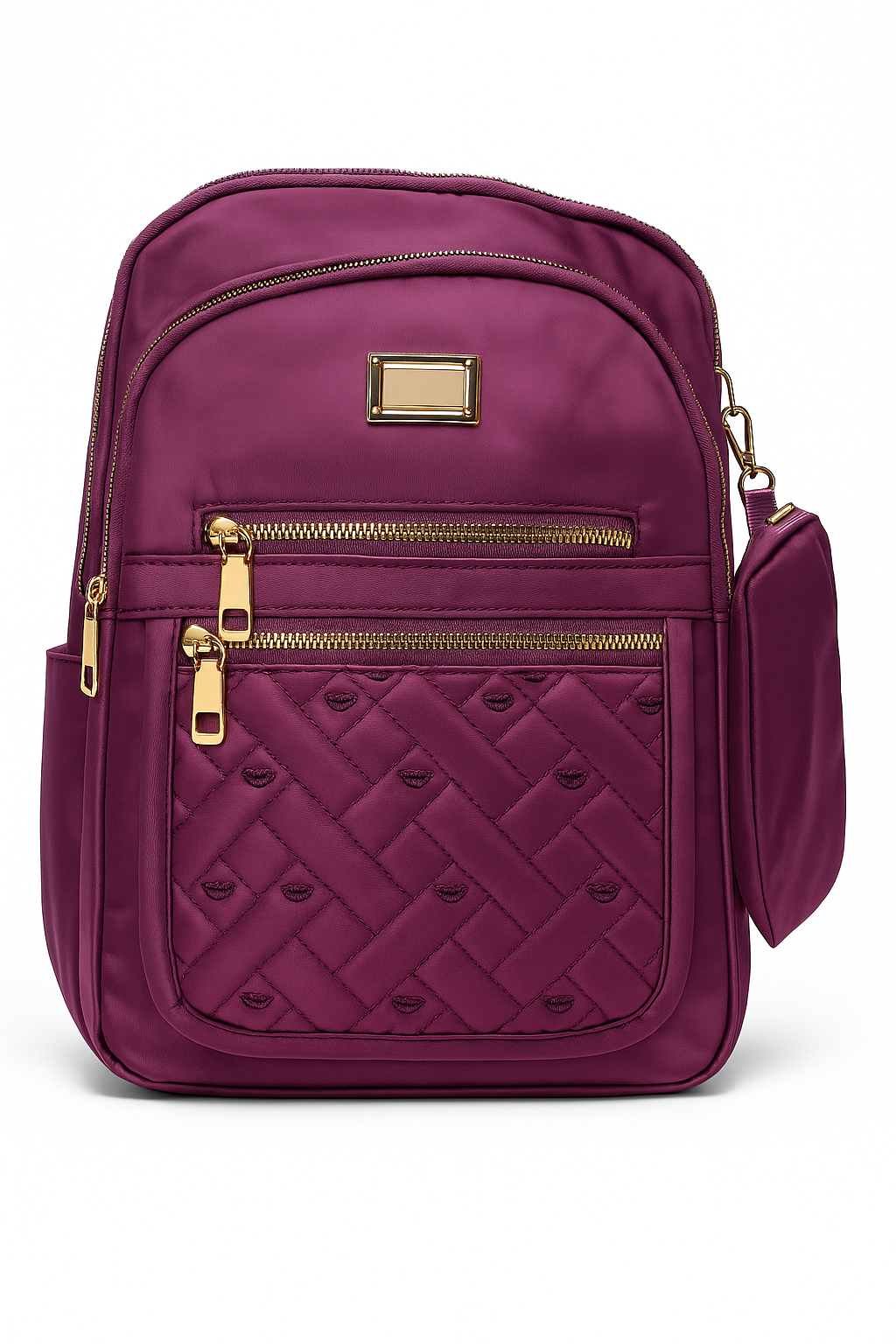 Luxury Wine Red Backpack with Gold Zippers – Premium Quilted Laptop, College & Travel Shoulder Bag with Side Pouch