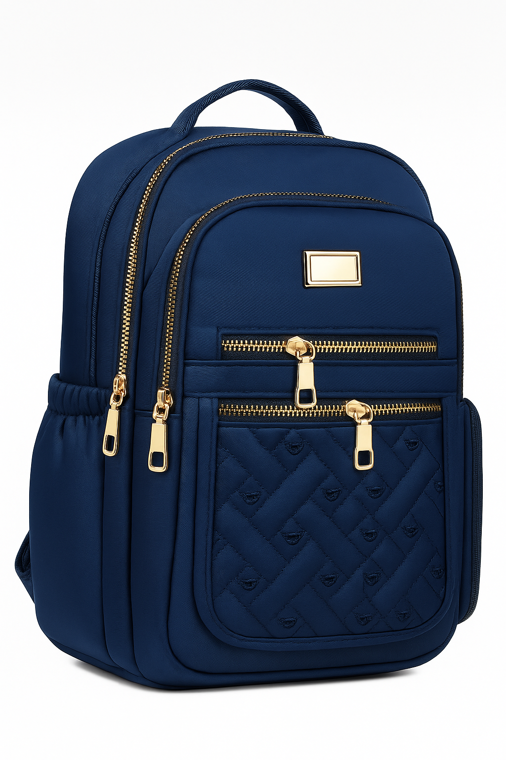 Luxury Navy Blue Backpack with Gold Zippers – Premium Laptop, College & Travel Shoulder Bag with Quilted Front Pocket