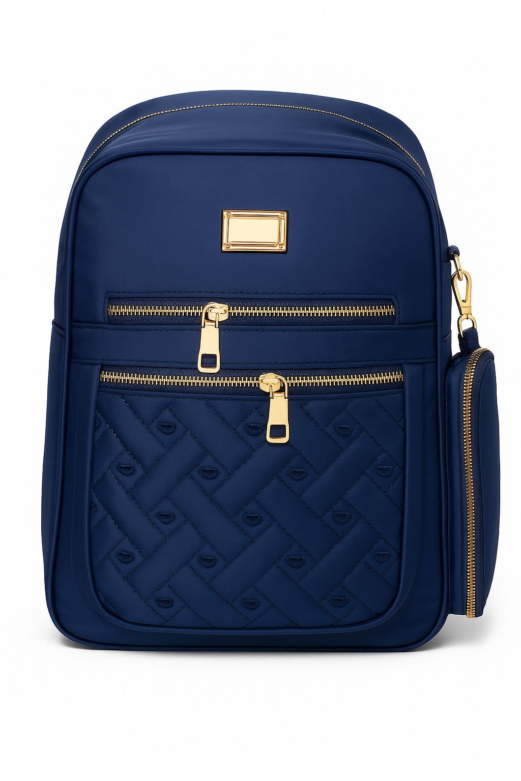 Luxury Navy Blue Backpack with Gold Zippers – Premium Laptop, College & Travel Shoulder Bag with Quilted Front Pocket