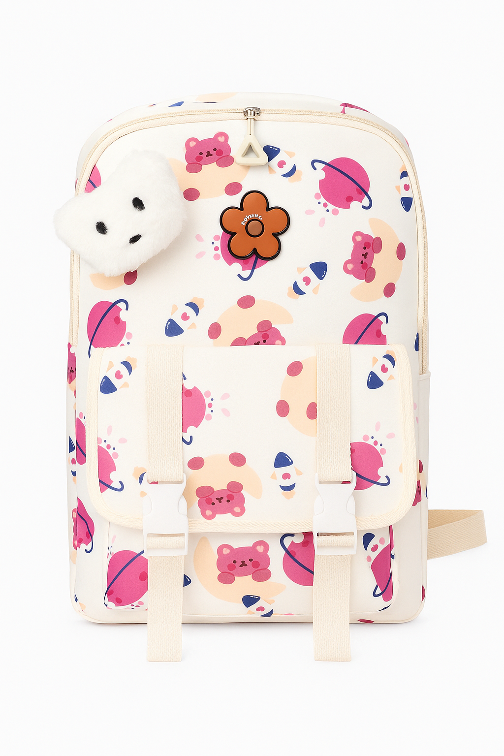Cute Bear & Planet Print Backpack with Plush Keychain – Fun School & College Bag for Kids and Teens