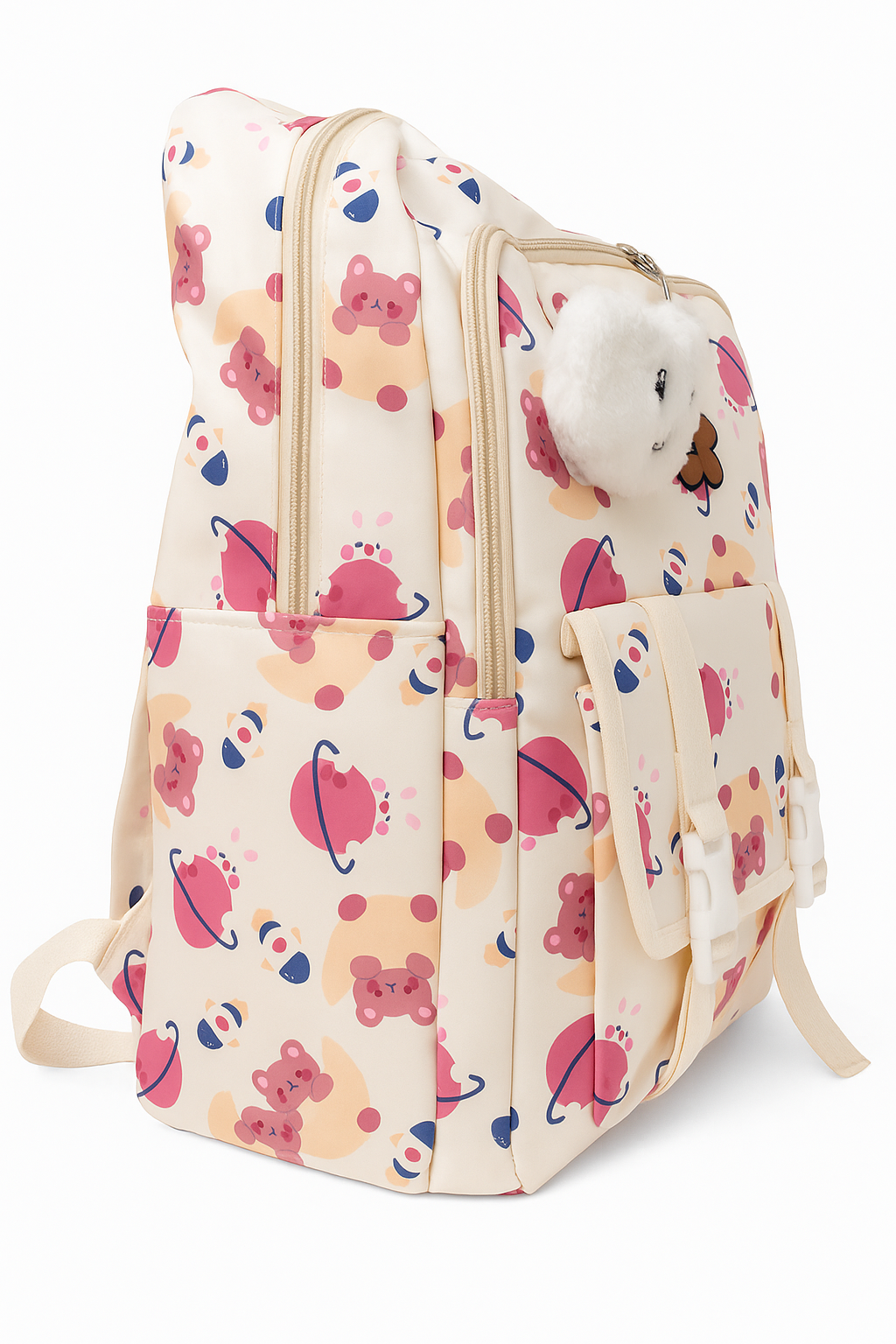 Cute Bear & Planet Print Backpack with Plush Keychain – Fun School & College Bag for Kids and Teens