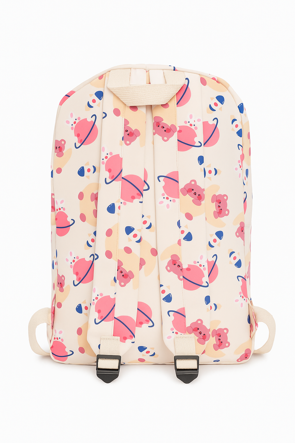 Cute Bear & Planet Print Backpack with Plush Keychain – Fun School & College Bag for Kids and Teens