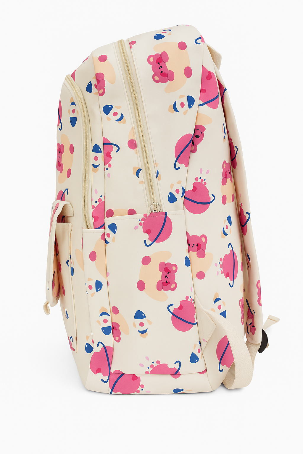 Cute Bear & Planet Print Backpack with Plush Keychain – Fun School & College Bag for Kids and Teens