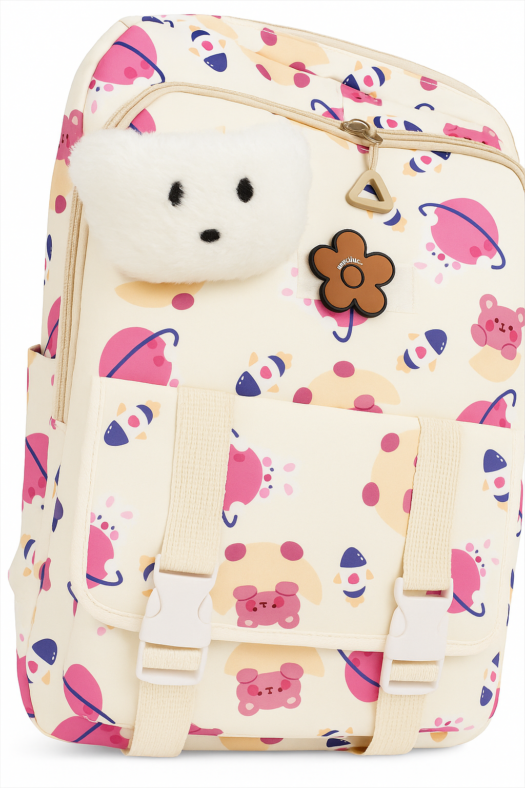 Cute Bear & Planet Print Backpack with Plush Keychain – Fun School & College Bag for Kids and Teens