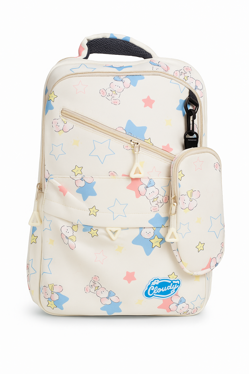 Clouds Cream Starry Print Backpack with Mini Pouch – Stylish School & College Bag for Kids and Teens