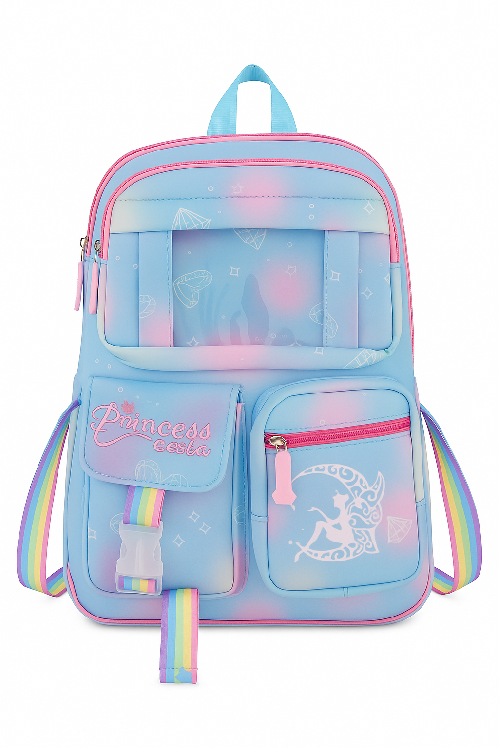 Trendy Gradient School Backpack for Girls | Cute Unicorn Style Bag with Pom Pom Keychain