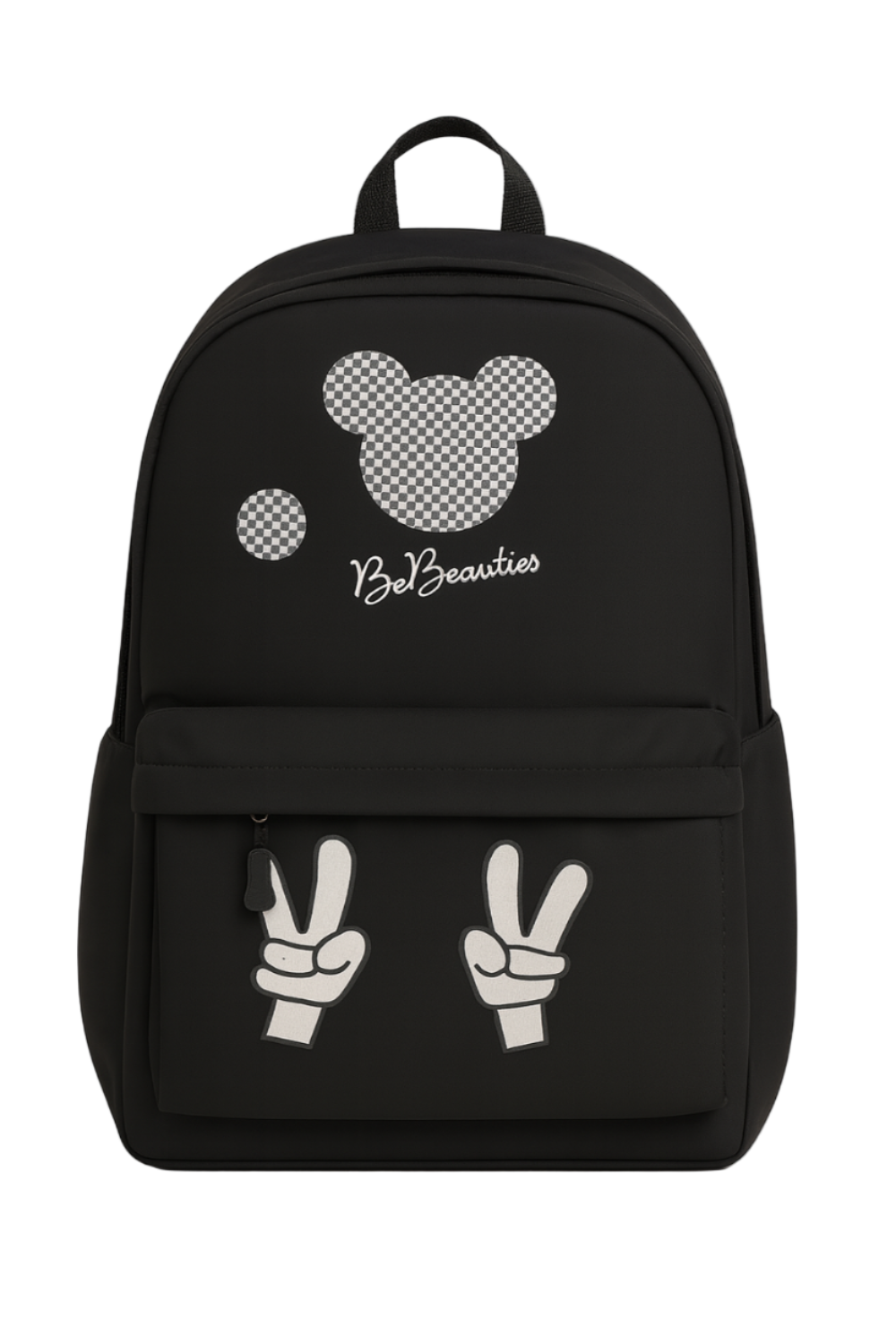 Black backpack with white graphics and text on a beige background