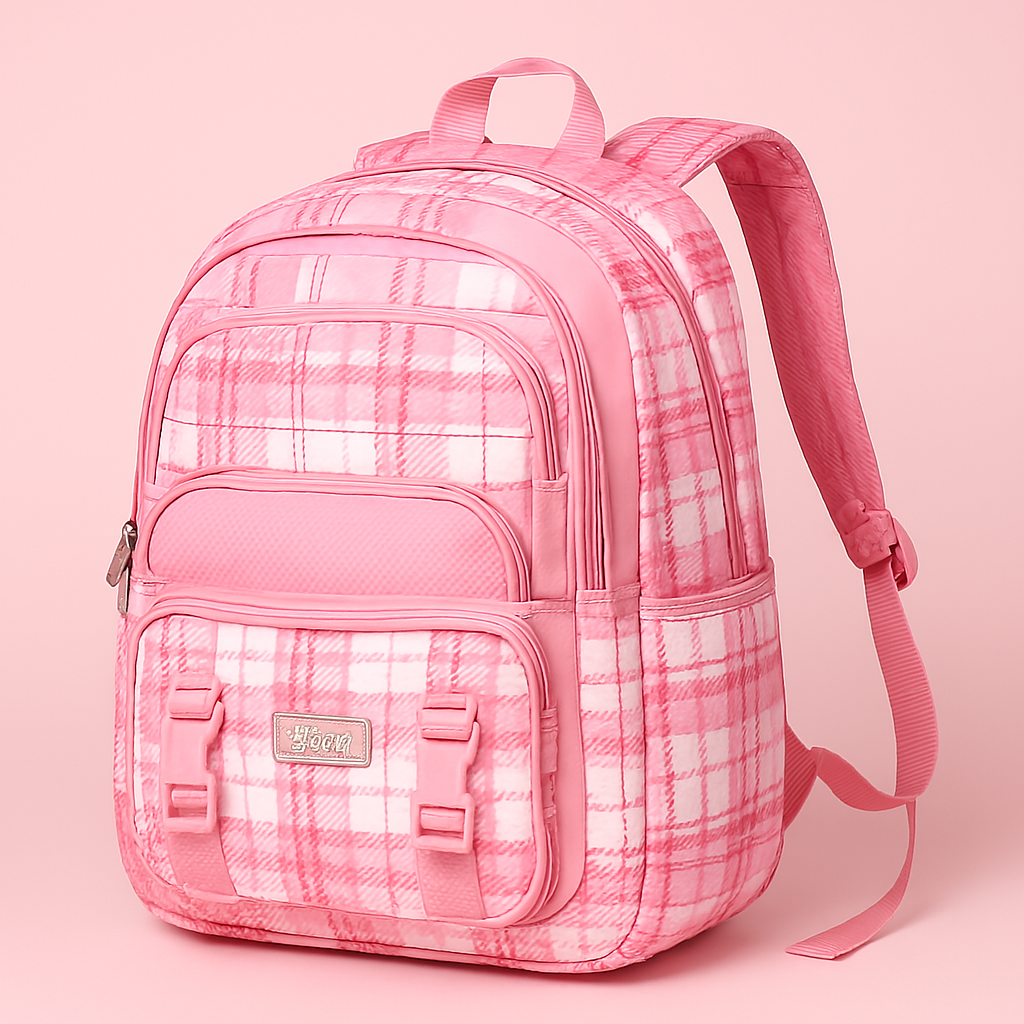 Trendy Pink Plaid Backpack – Multi-Compartment Durable School & Travel Bag for Girls