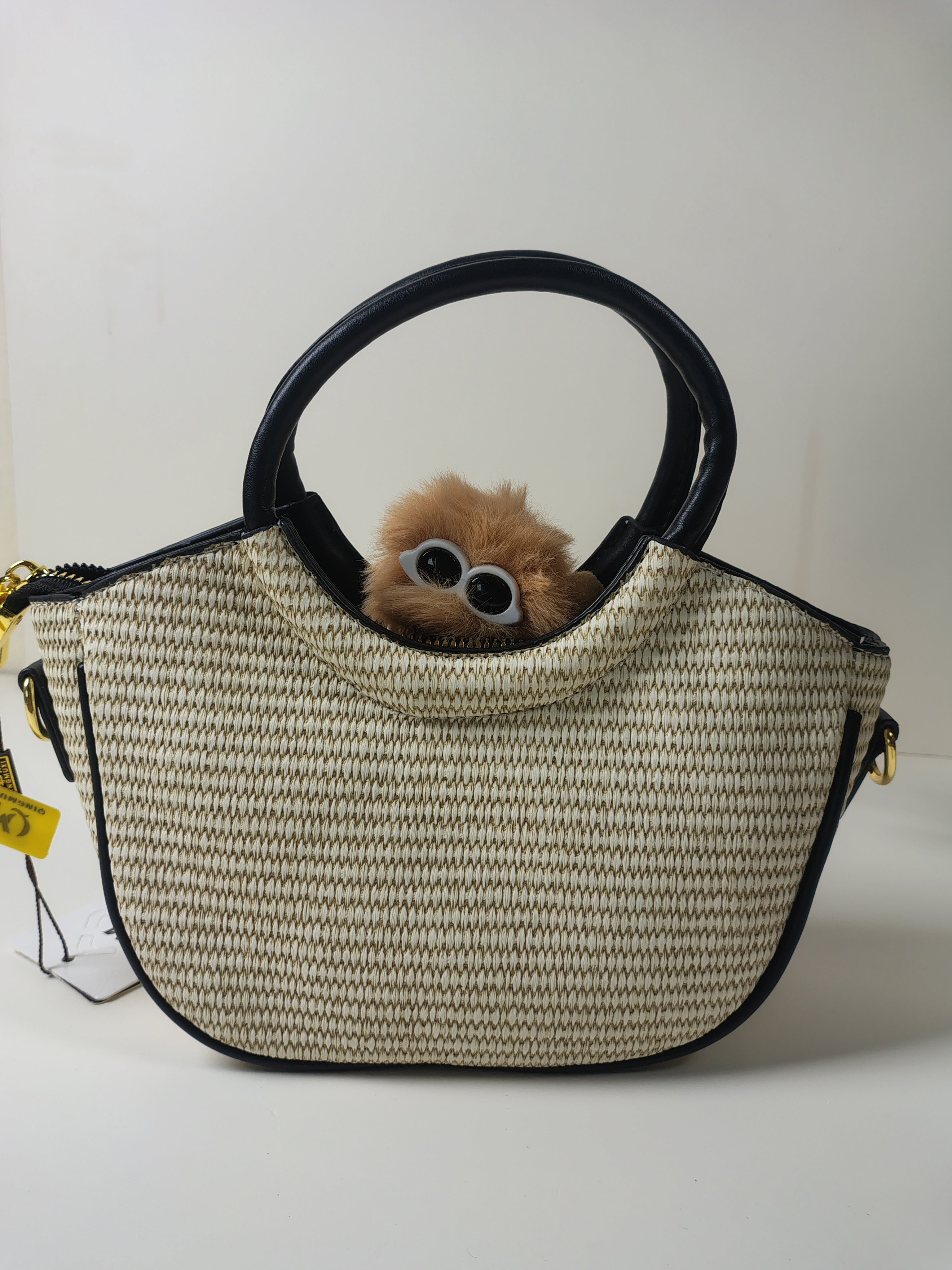 Min Min Woven Handbag with Plush Charm – Beige & Black
