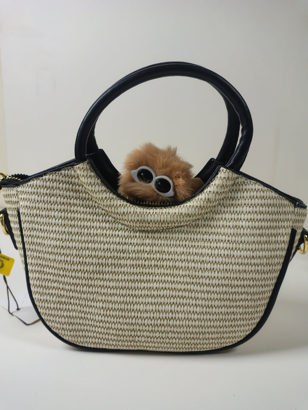 Min Min Woven Handbag with Plush Charm – Beige & Black