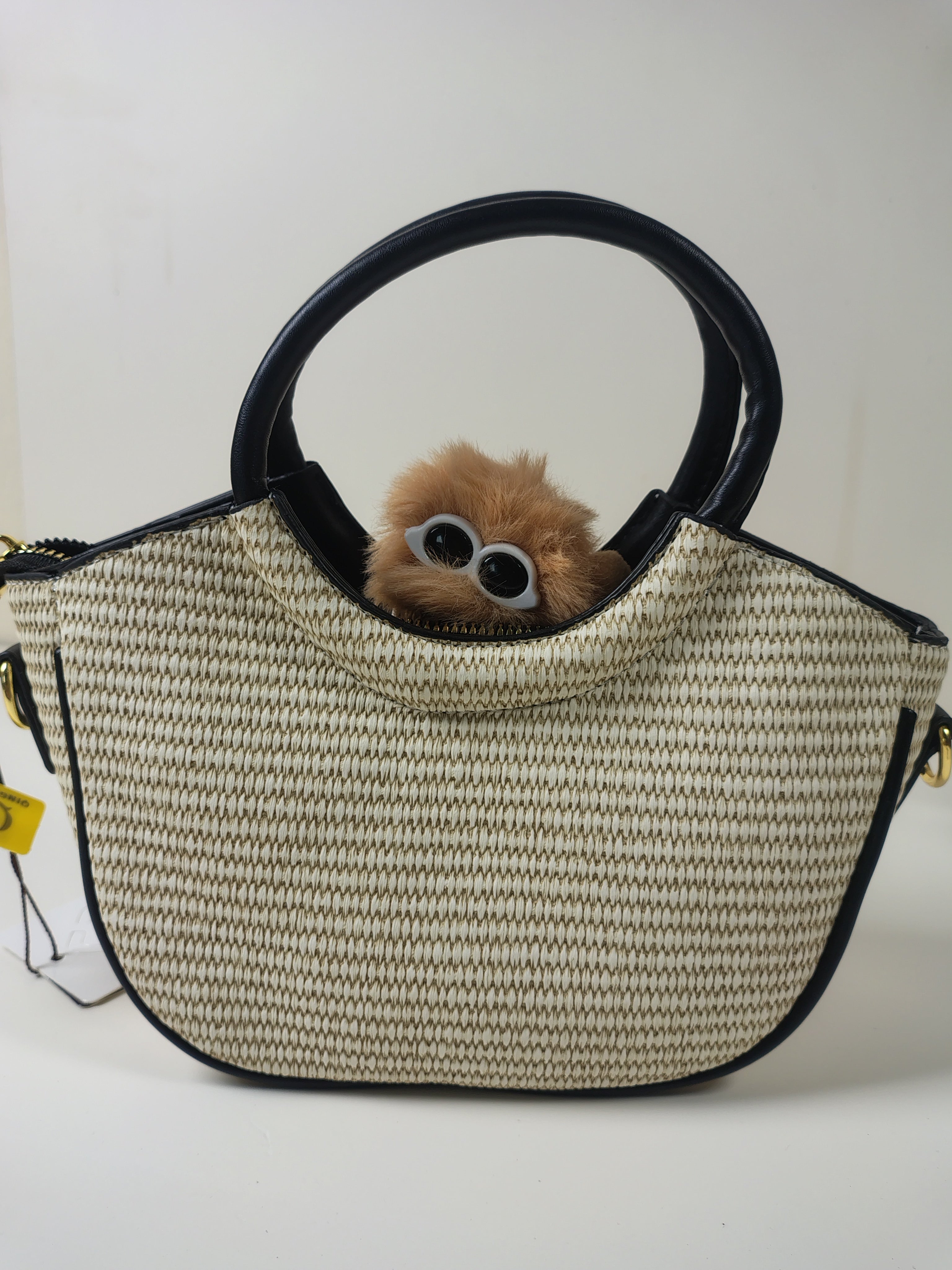 Min Min Woven Handbag with Plush Charm – Beige & Black