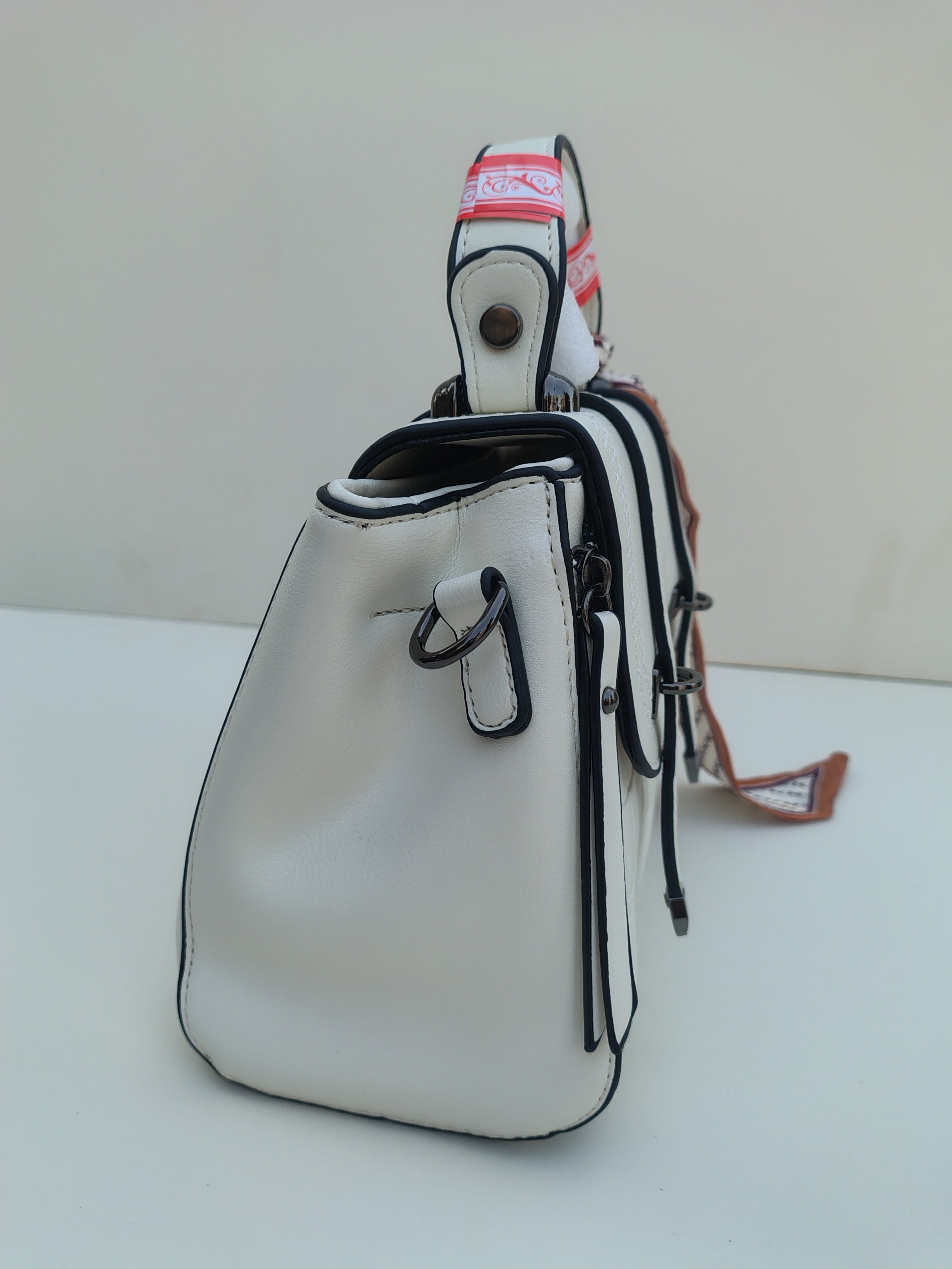 White Structured Handbag with Decorative Scarf – Croc Texture Detail