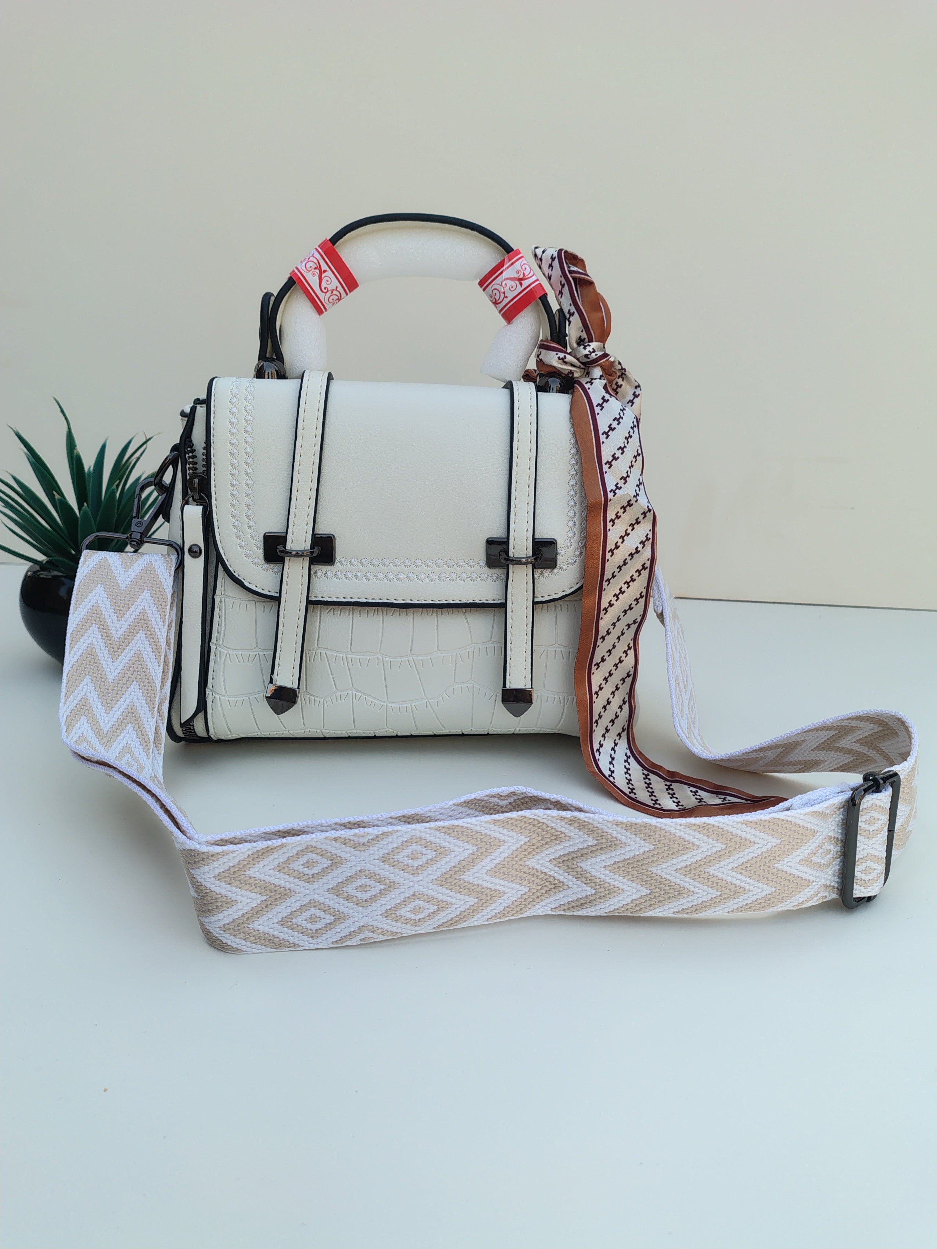 White Structured Handbag with Decorative Scarf – Croc Texture Detail