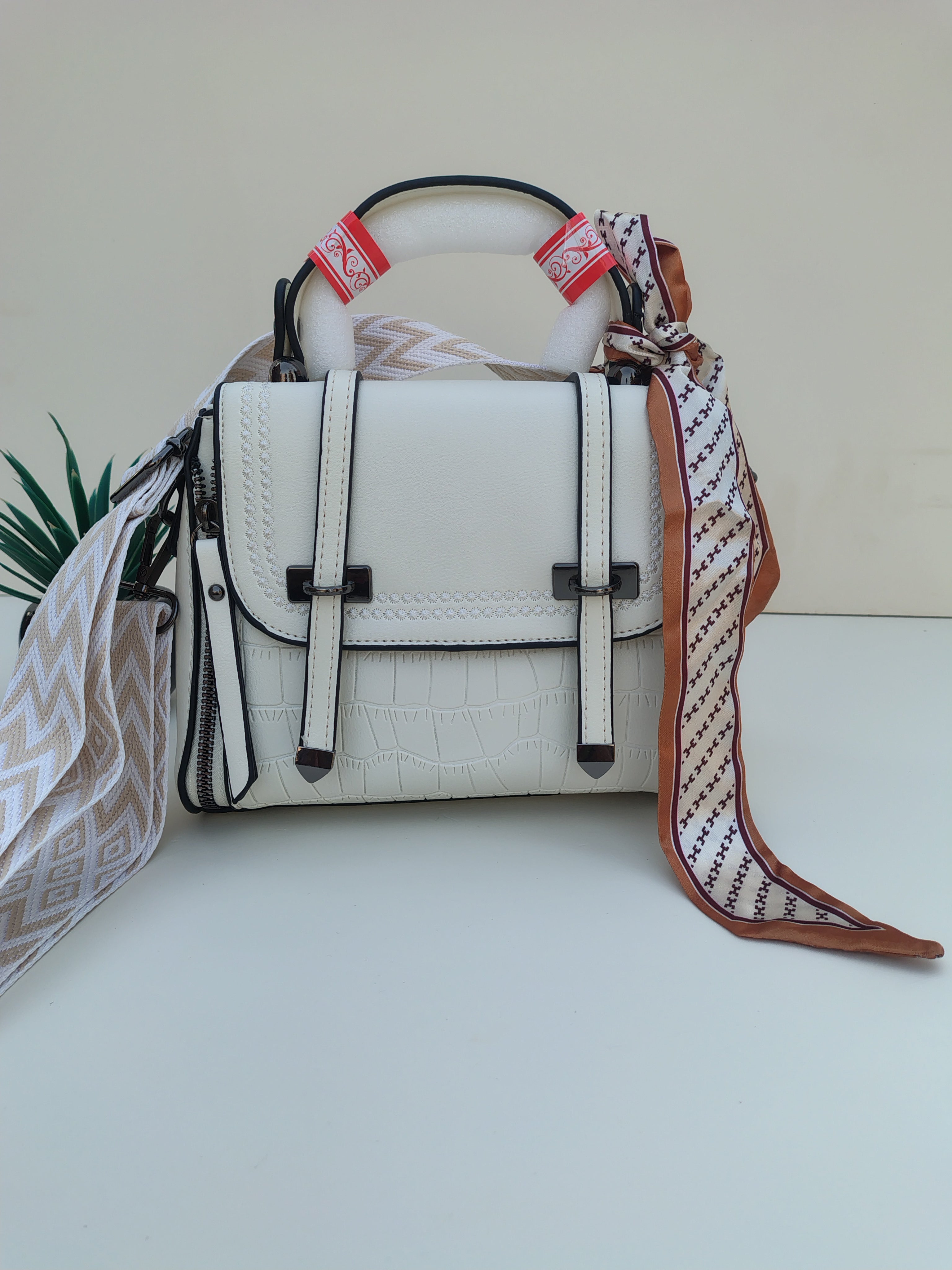 White Structured Handbag with Decorative Scarf – Croc Texture Detail