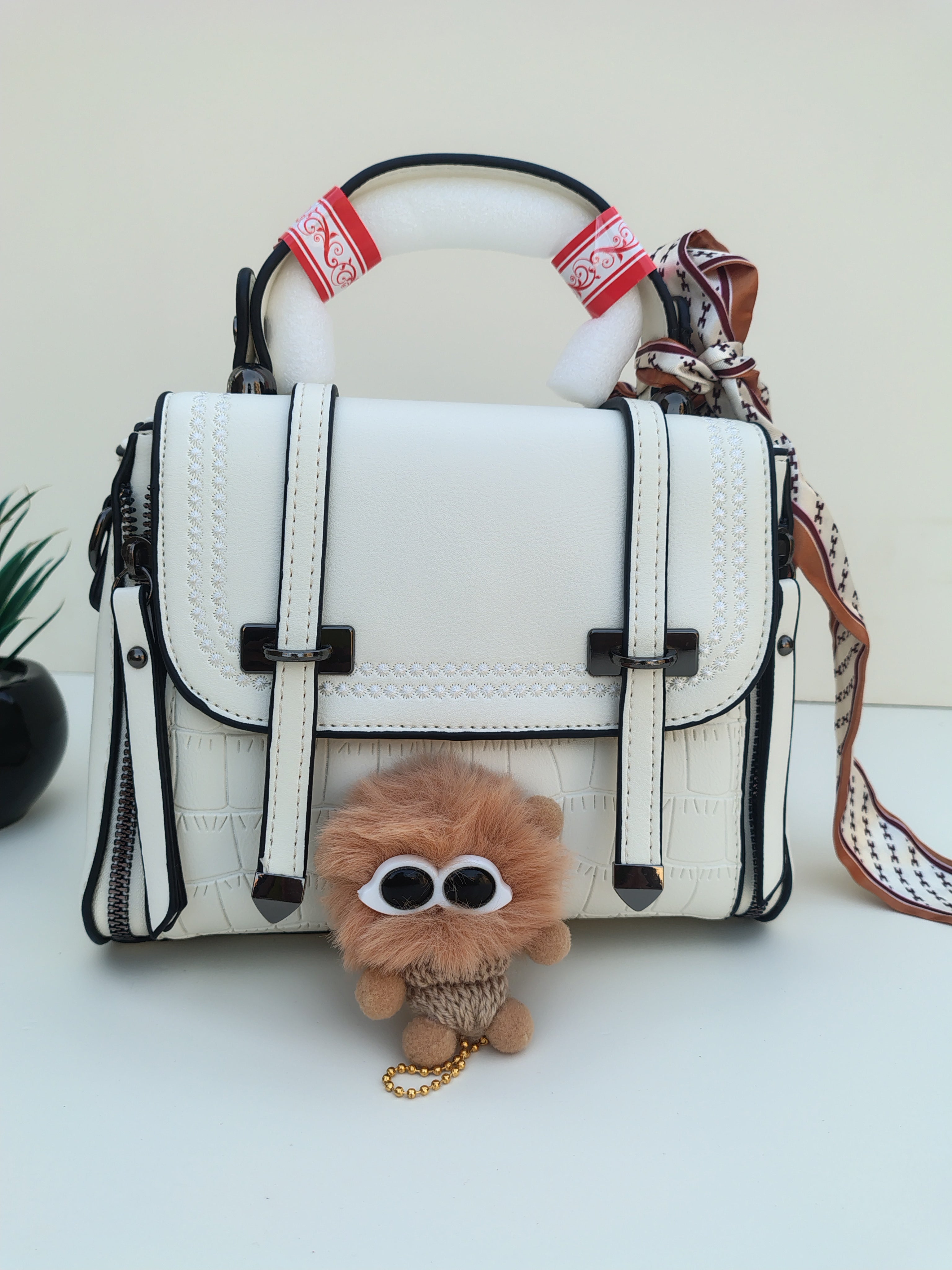 White Structured Handbag with Decorative Scarf – Croc Texture Detail