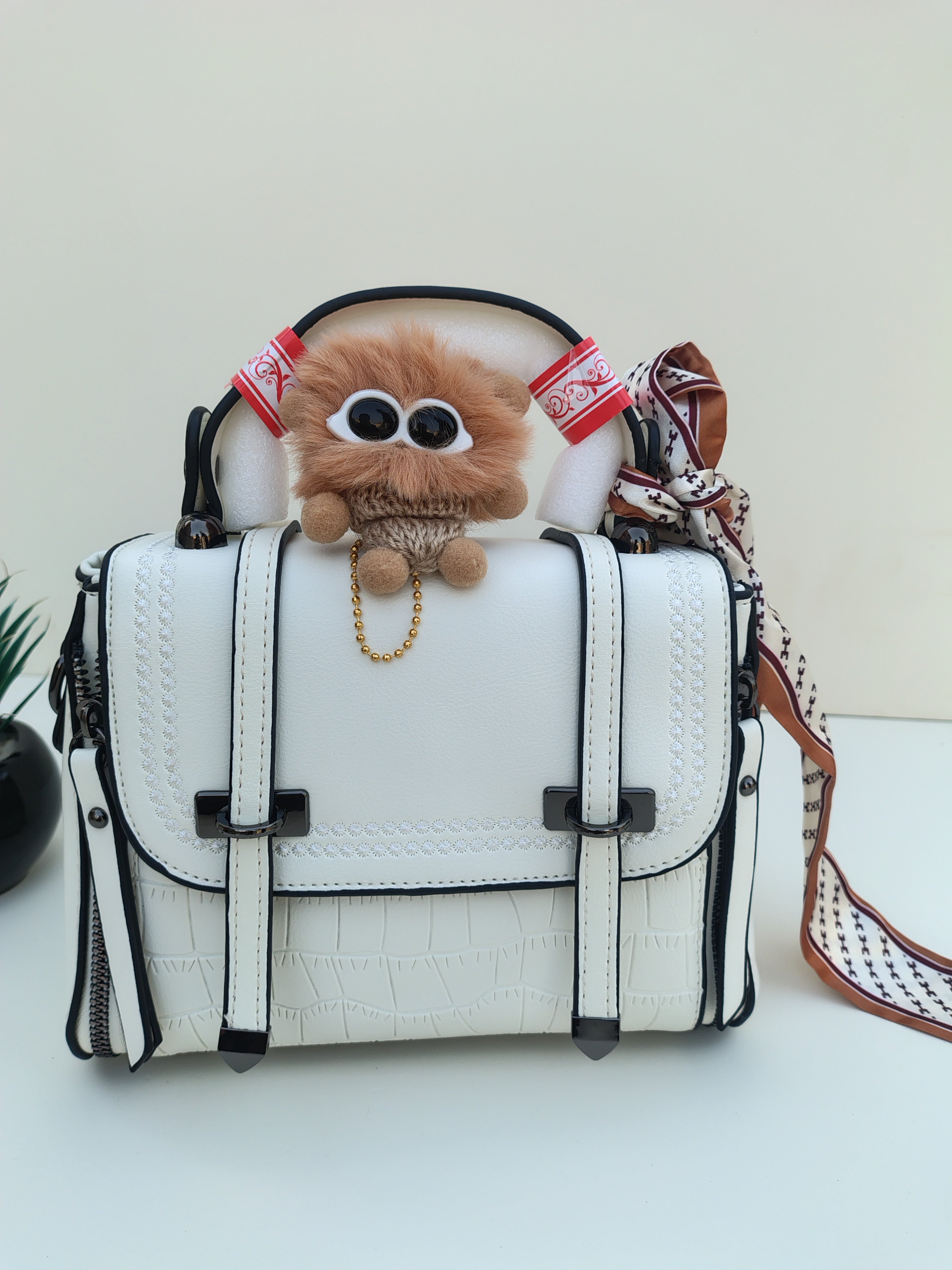 White Structured Handbag with Decorative Scarf – Croc Texture Detail