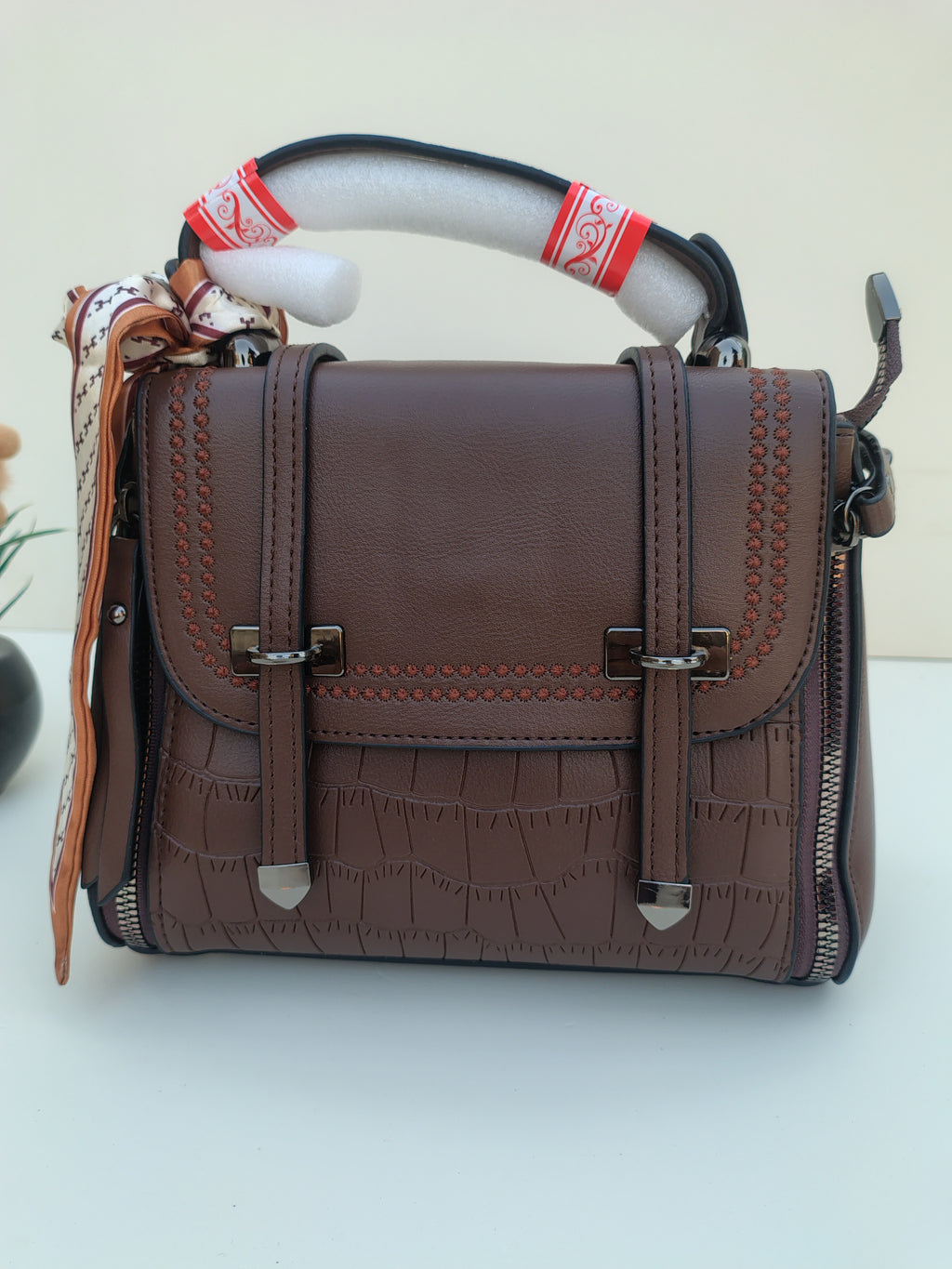 Chocolate Brown Structured Handbag with Scarf – Croc Texture Accent