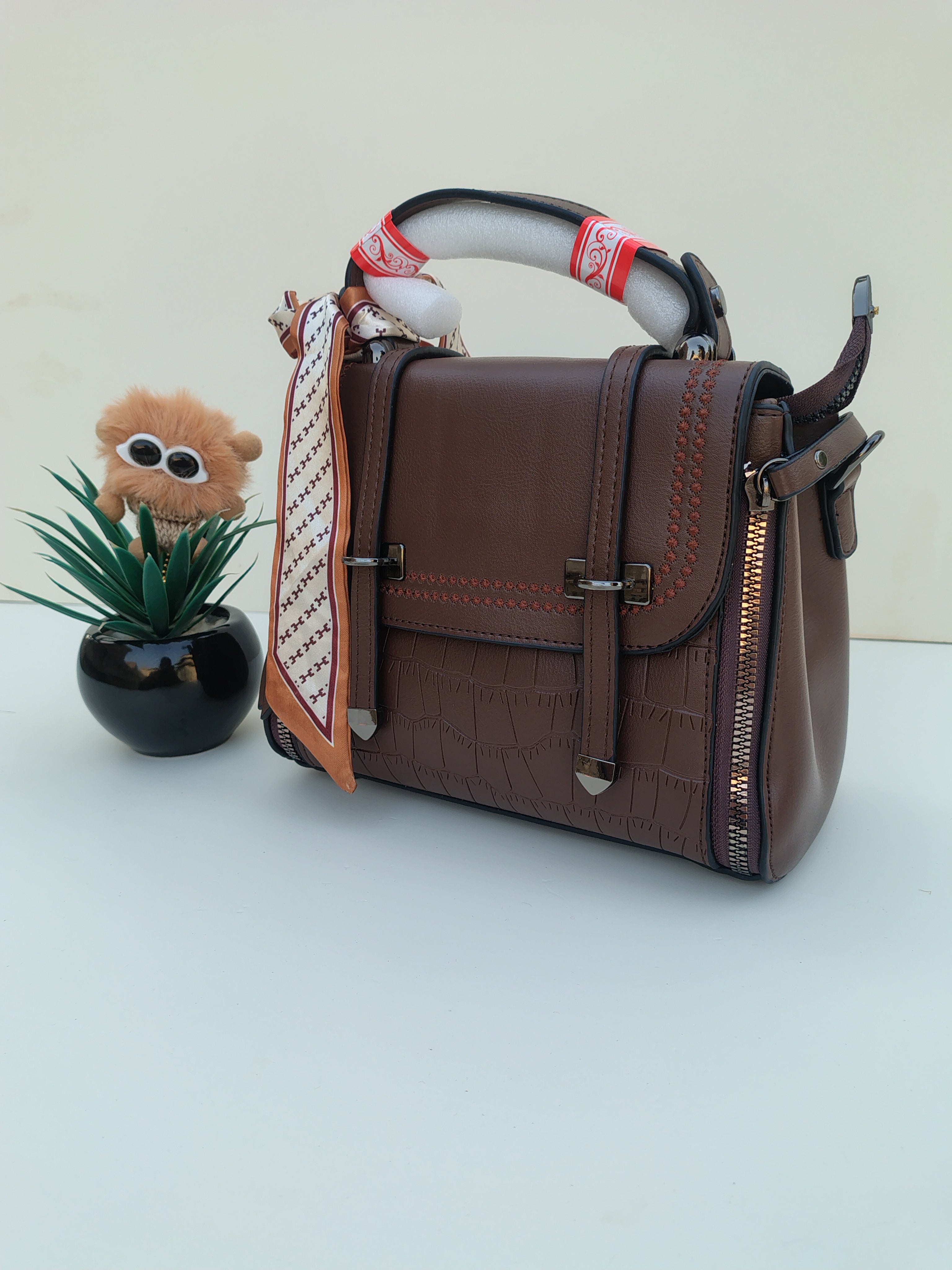 Chocolate Brown Structured Handbag with Scarf – Croc Texture Accent