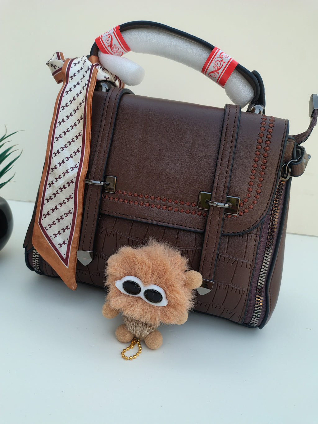 Chocolate Brown Structured Handbag with Scarf – Croc Texture Accent