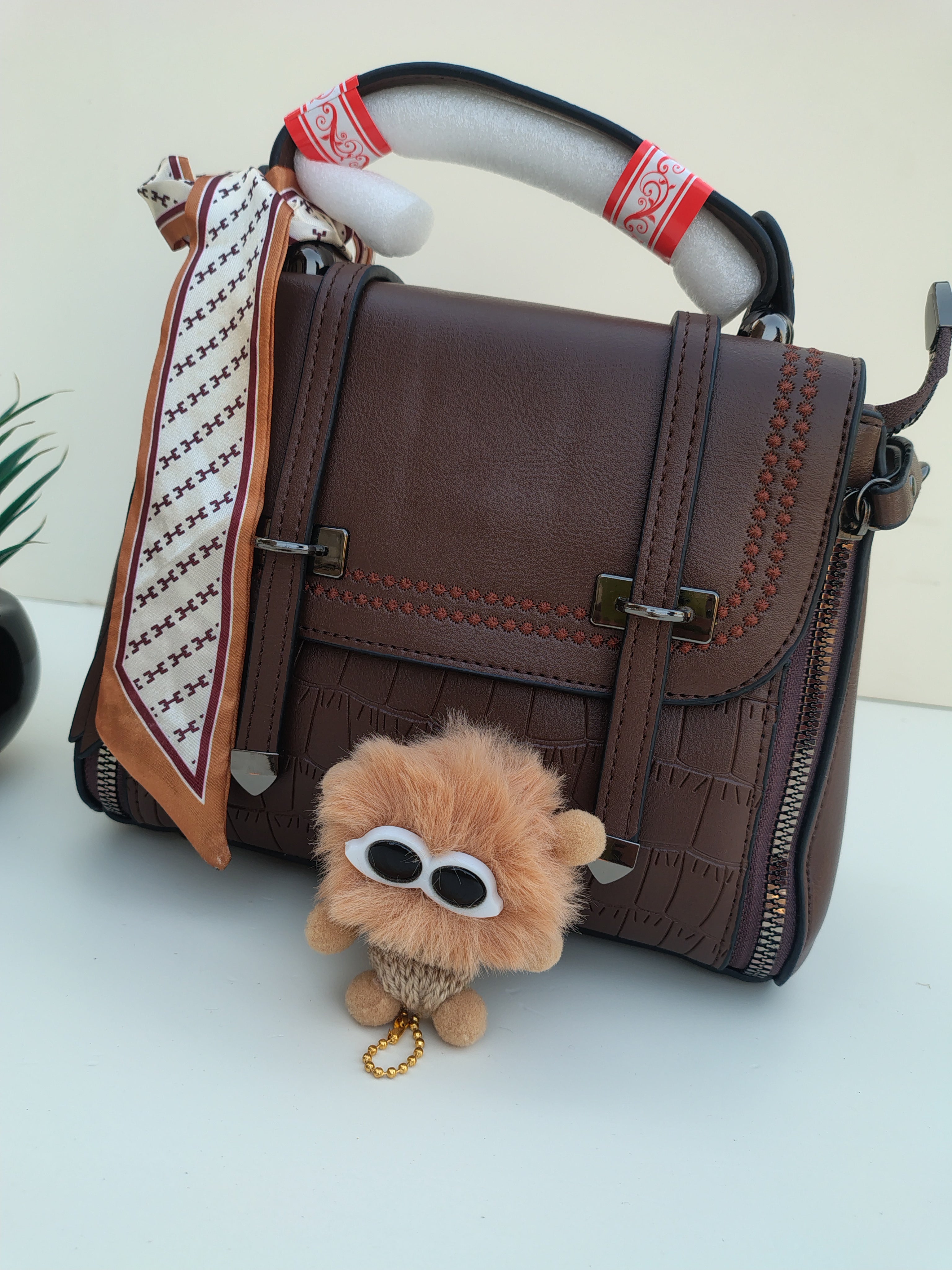 Chocolate Brown Structured Handbag with Scarf – Croc Texture Accent
