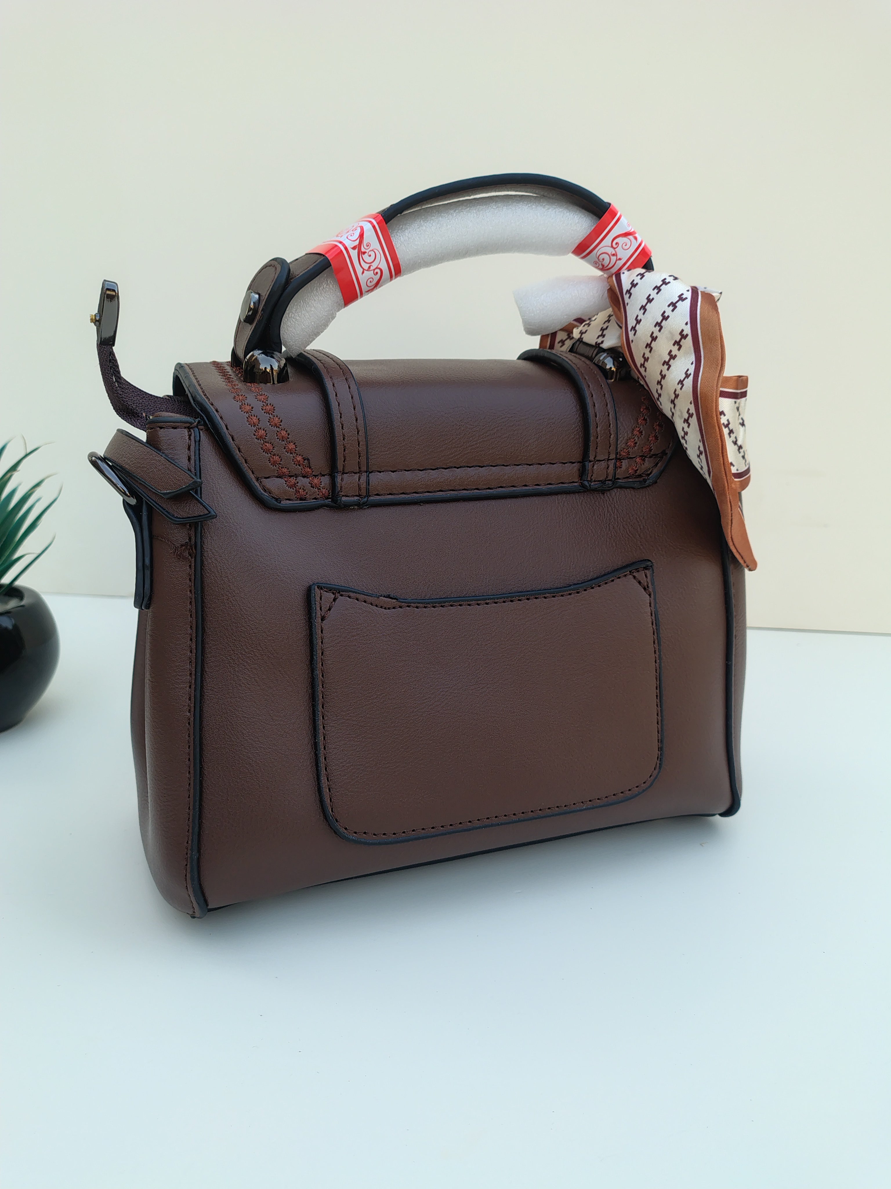 Chocolate Brown Structured Handbag with Scarf – Croc Texture Accent
